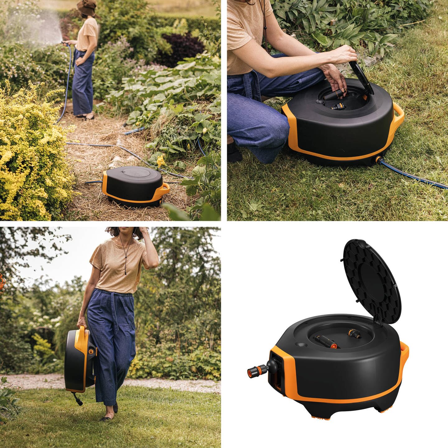 Fiskars Dévidoir XL, Set d'Arrosage Tout-en-1, Tuyau de 25 m | Tuyau à Enroulement automatique, Ø 13 mm, Raccord universel pour Robinet, noir/orange, X-series, 1067549