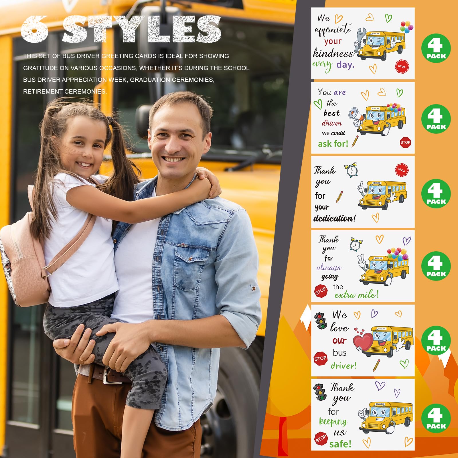 Motiskyy Paquete de 24 tarjetas de agradecimiento para conductor de autobús escolar con sobres, tarjeta de agradecimiento, regalo de jubilación, regalo de fin de año, para conductor de autobús