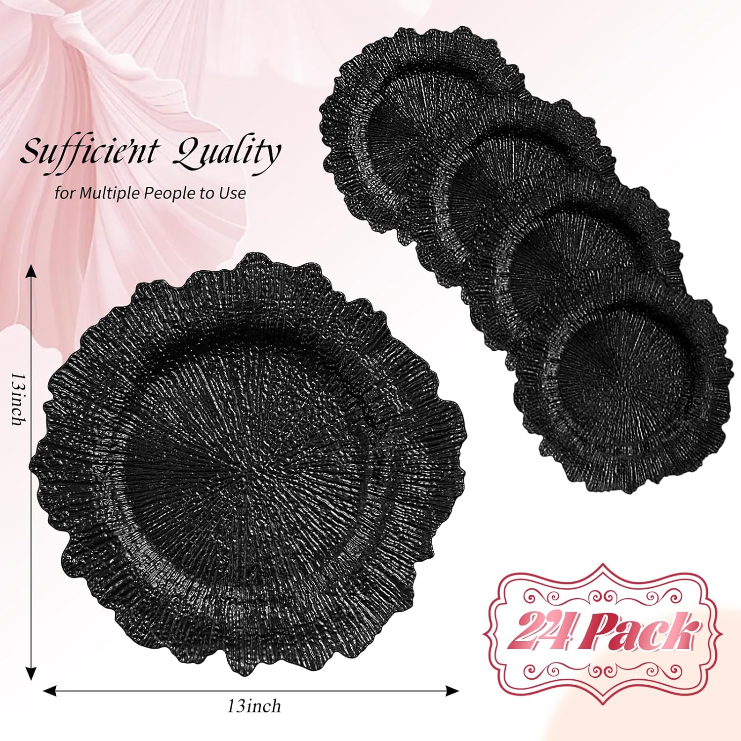 24 pack black charger plates bulk, 13" plastic reef chargers for dinner plates, round charger plate with floral reef design for dinner wedding party table setting decoration