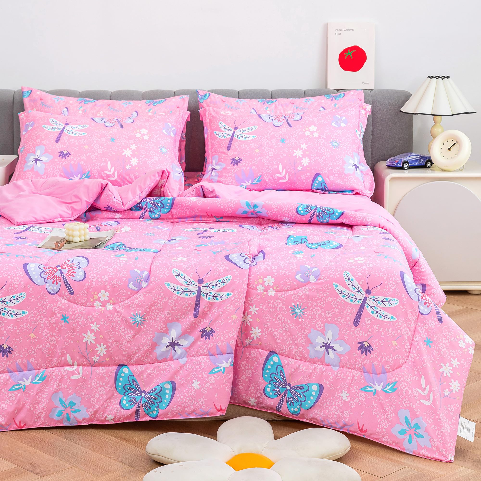 Viviland Twin Butterfly Comforter Set for Girls, Kids Pink Brushed Microfiber Twin Bedding Set, 5 Pieces Floral Bed in A Bag, Girls Comforters with Sheet Set, Shams, Machine Washable