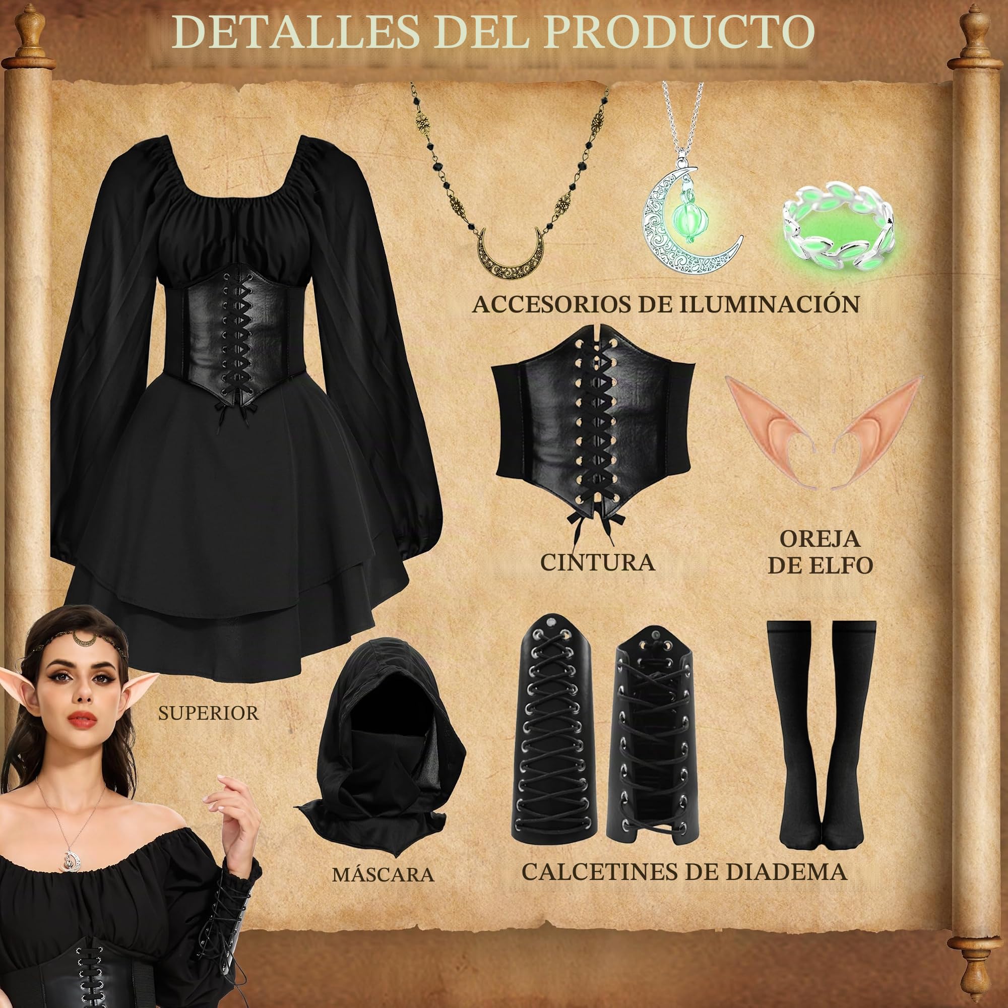 IEEILULU Vestido Medieval Mujer con Capucha, Vestido Gótico Retro Mujer, Disfraz Renacentista con Corsé, Orejas de Elfo para Carnaval Halloween Cosplay