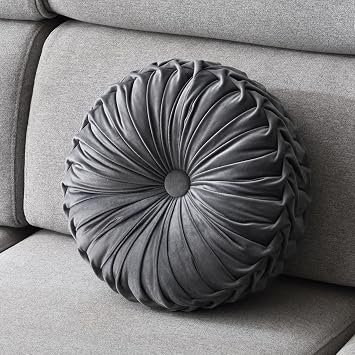 Round Throw Pillow Velvet 1 Pcs 14.17" Home Decoration Pleated 3D Pumpkin Pillow Cushion for Couch Chair Bed Car Smoke Gray