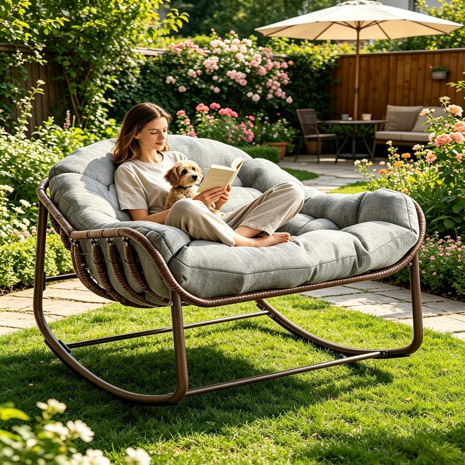 Überdimensionierter Ei-Schaukelstuhl Aus Wetterfestem PE-Rattan Mit Dick Gepolsterten Kissen, Bis 160 kg Belastbar, Indoor & Outdoor Geeignet Für Garten, Terrasse, Balkon Und Wohnzimmer, Pflegeleicht