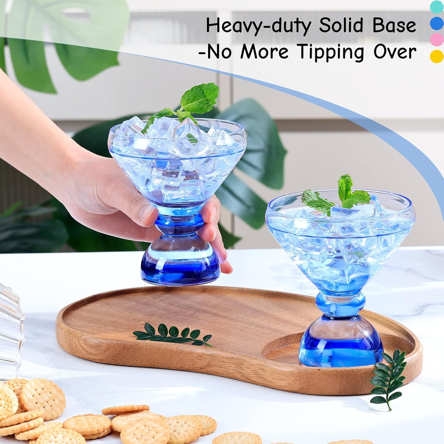 NUTRIUPS Hand-made Stemless Martini Glasses, Blue Heavy-duty Solid Glass Base Cocktail Glasses, 7oz Aroma-Locking Rim Glasses for Home Bar Party Gifts