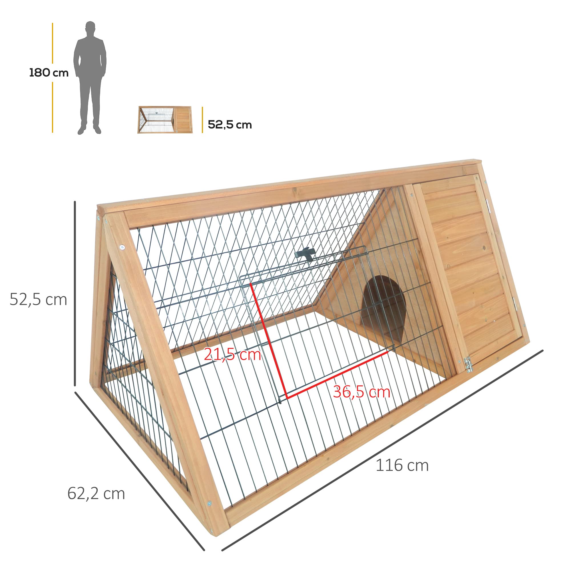 PawHut Conejera de Madera 116x62,2x52,5 cm, Jaula para Conejos Triangular con Rejilla Metálica y Puertas, Madera Natural