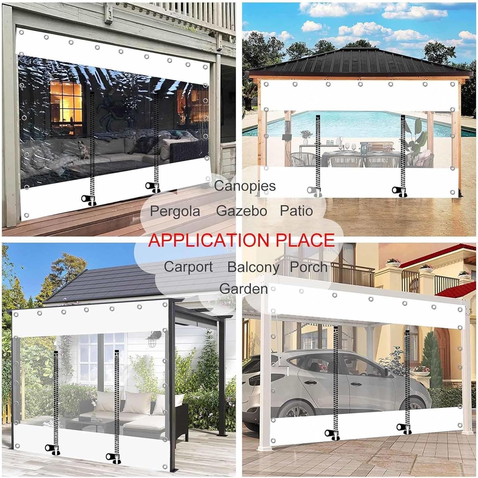 Pergola Pavillon Veranda transparente Plane Vorhänge mit Reißverschluss-Tür, wasserdicht, transparente Seitenteile, Ösen, 230 x 220 cm