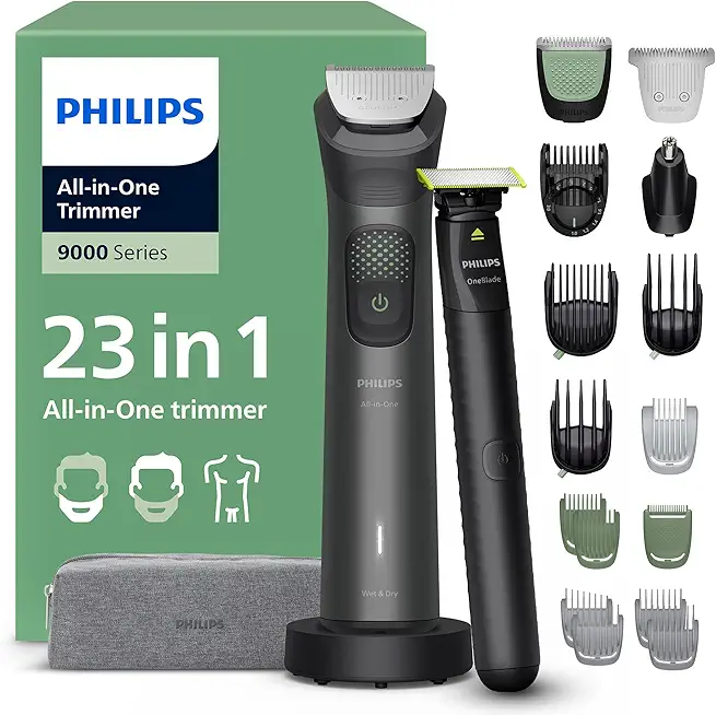 PHILIPS Multigroom Series 9000 All-in-One 23-teiliger Barttrimmer, Haarschneider, und OneBlade-Trimmer – Komplettes Pflegeset für Gesicht, Kopf und Körper, 27 Längeneinstellungen (0,2–20mm), MG9561/30
