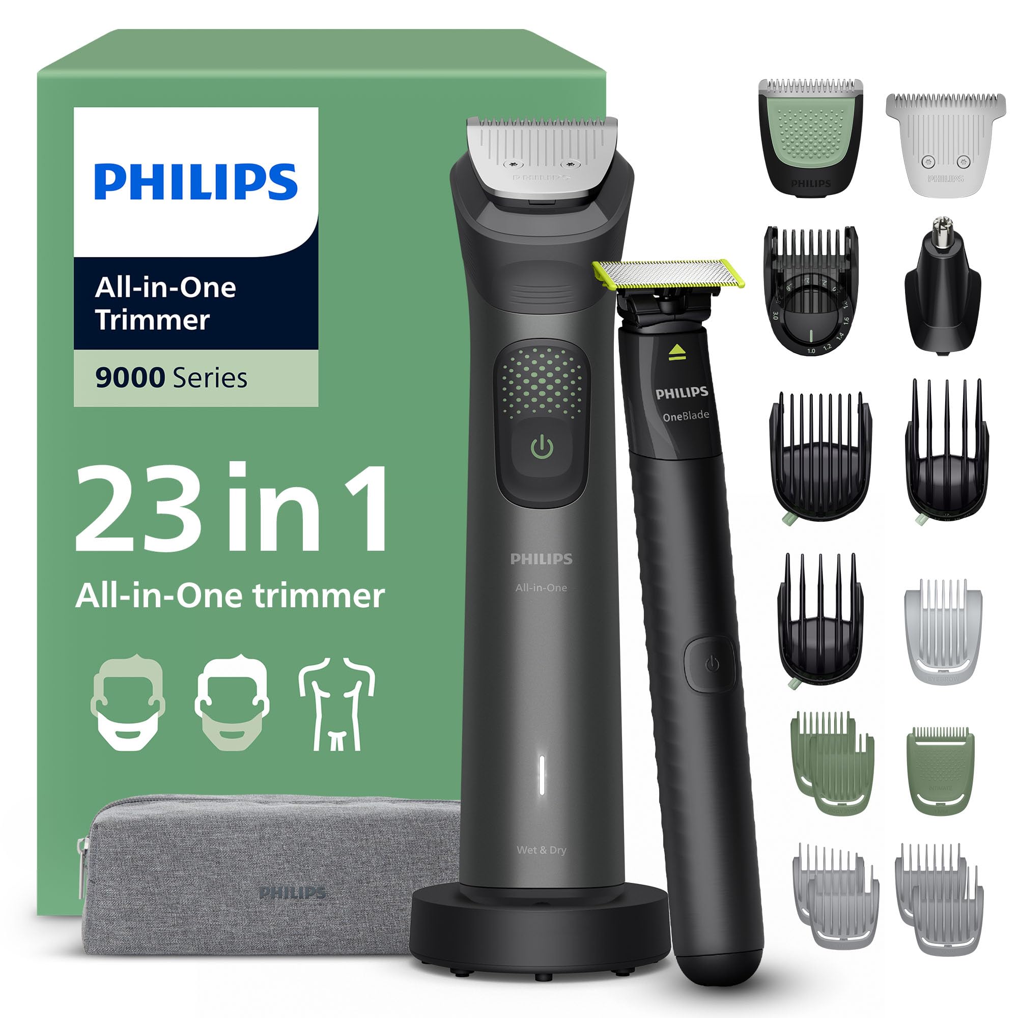 Philips Recortadora todo en uno de 23 en 1 Serie 9000 + OneBlade - Afeitadora y cortapelos hombre para rostro, cabeza y cuerpo, 27 longitudes (0,2-20 mm), recargable, MG9561/30