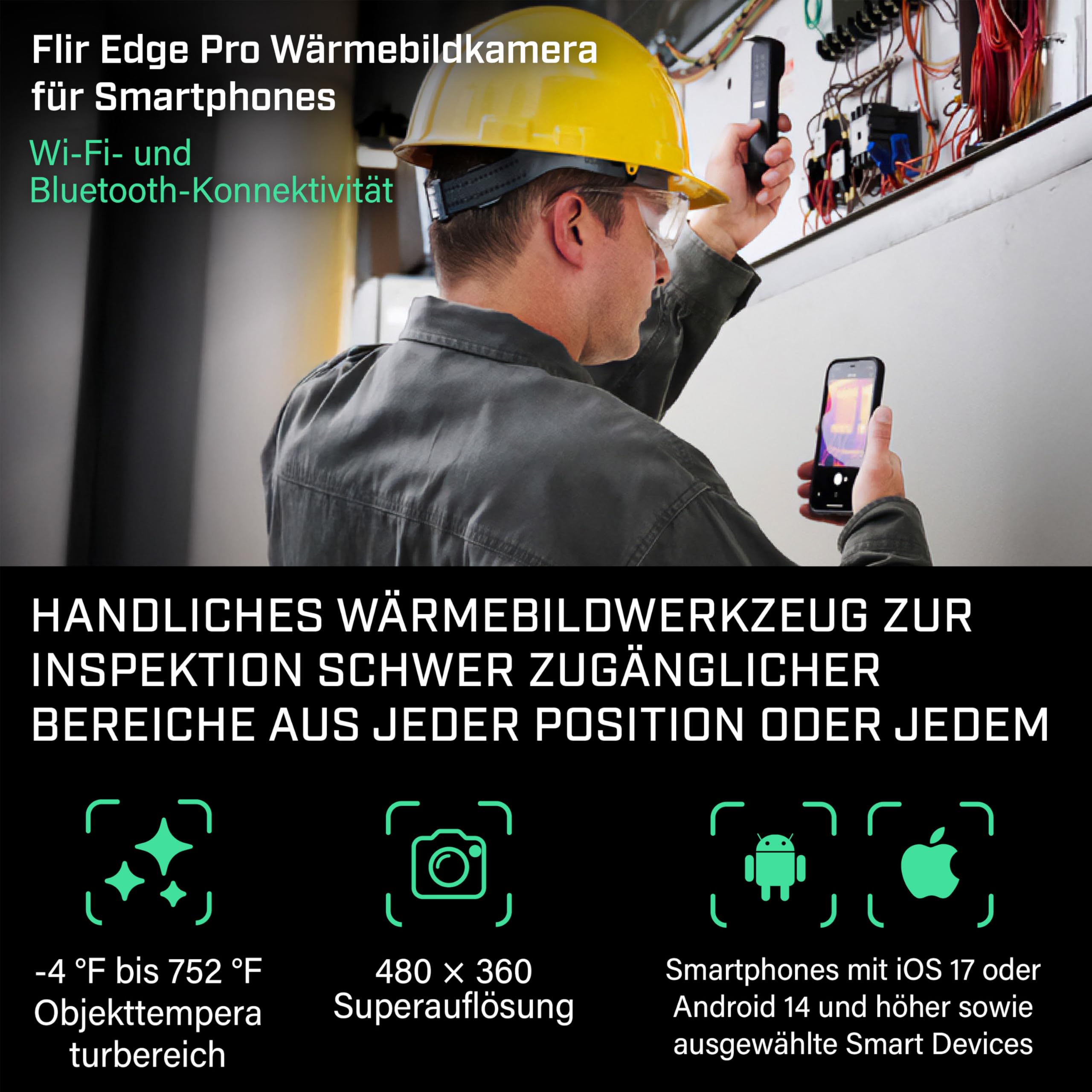 FLIR ONE EDGE PRO - Bluetooth-Wärmebildkamera für Smartphones. Hohe Auflösung (160 x 120), kabellose Verbindung und kompatibel mit allen iOS- und Android-Geräten