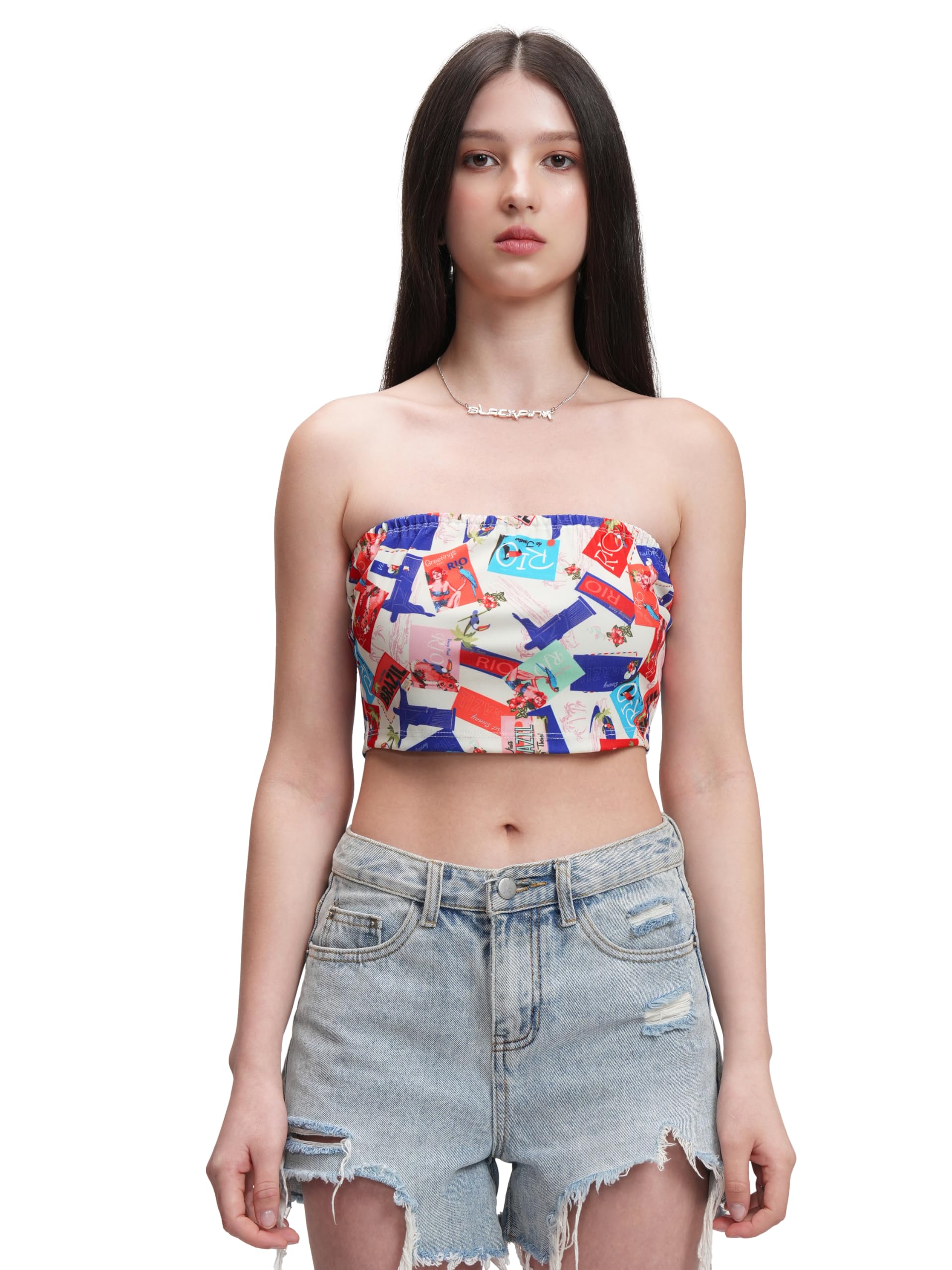 Women's Graphic Print Fitted Tube Top | Shoulder Straps | Chic & Versatile Cut Out | Perfect for Casual & Layered Looks | Tops for Woman | Women Tops | Women Crop Top-image-1