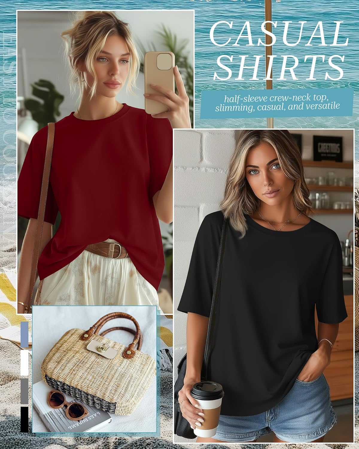 4 Pack Women's Half Sleeve T Shirts 1/2 Sleeve Basic Crew Neck Tops Elbow Length Casual Loose Fit Summer Tees - Image 6