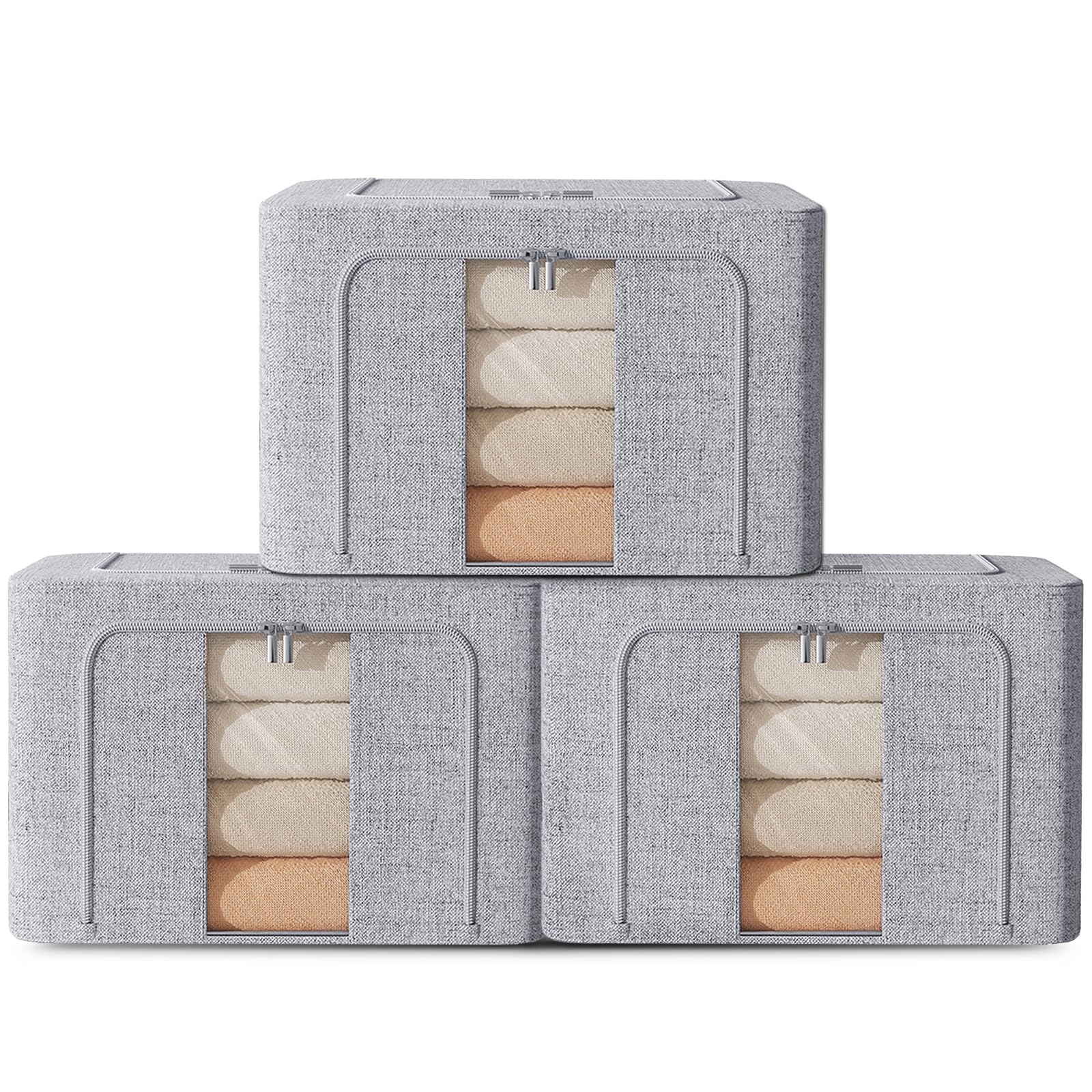 FYTXSZ Clothes Storage Boxes 66L with Metal Frame, Foldable Fabric Storage Bins with Lid and Clear Window, Stackable Organizer Box with Zipper and Handles for Closet, Bedroom (Fog Grey, 66L-3Pack) — image 1