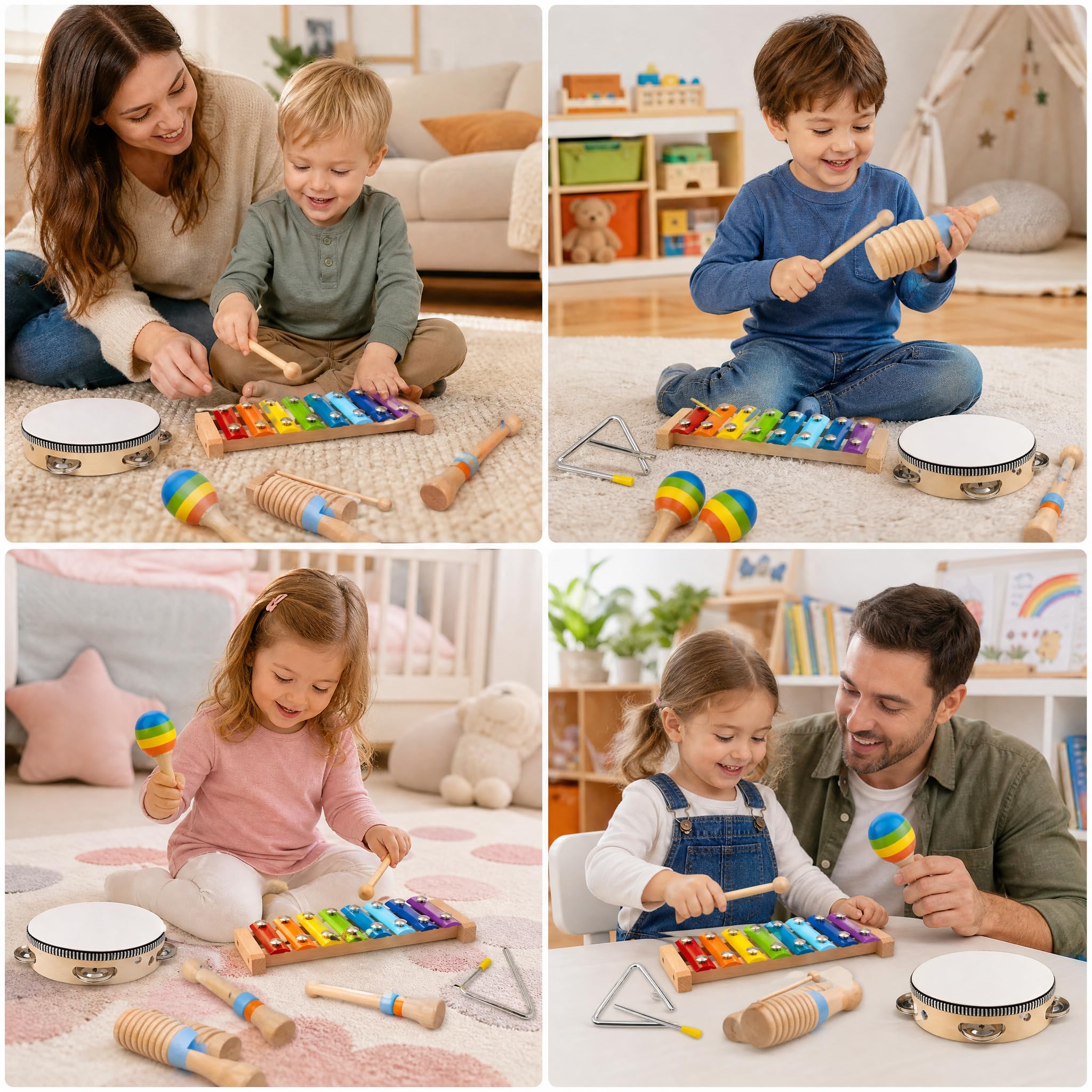 Montessori Musikinstrumente aus Holz für Kleinkinder, pädagogisches Schlagzeug für Babys mit Xylophon und Maracas und mehr, Musikspielzeug für Vorschulkinder