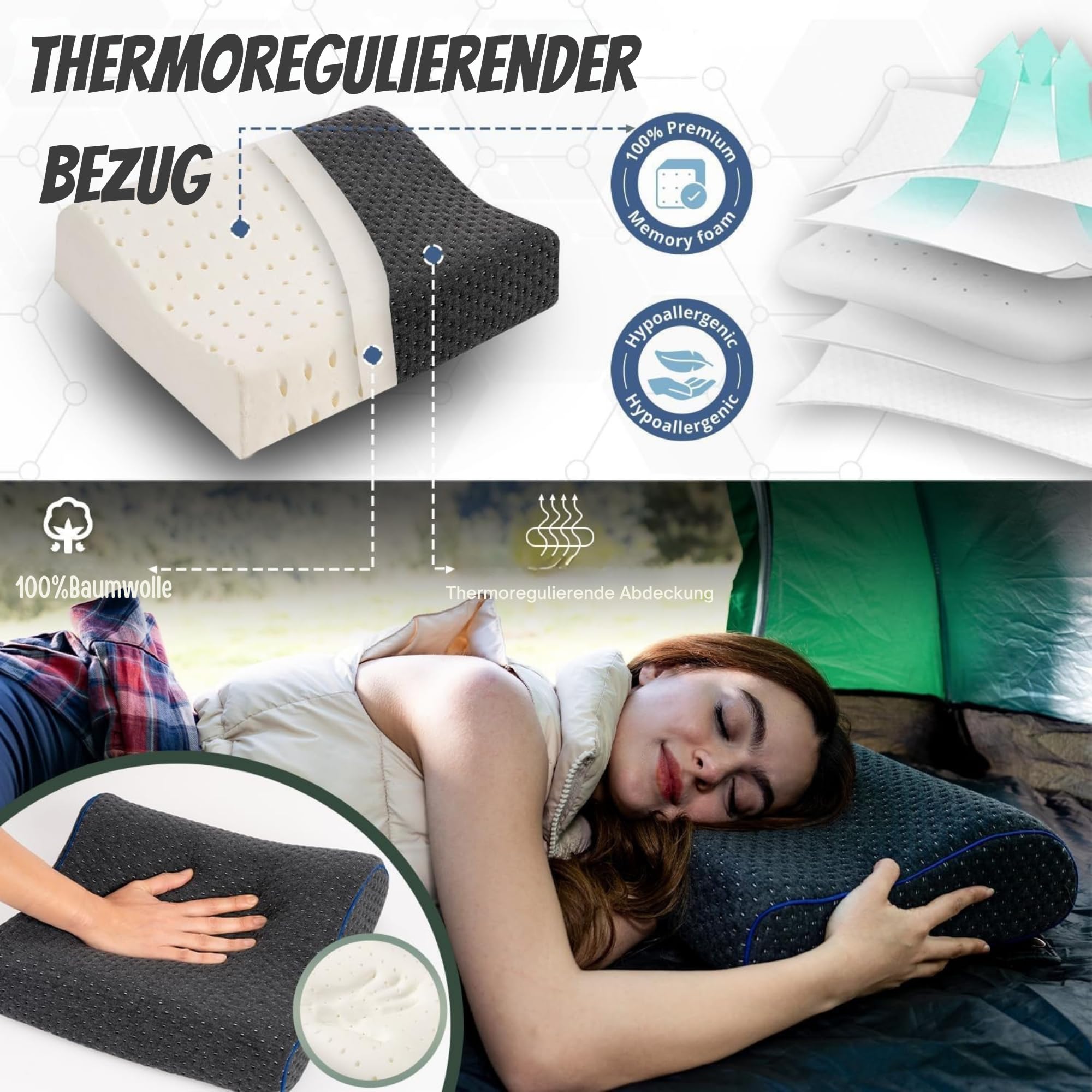 alkamto Almohada de viaje y camping de espuma viscoelástica, cómoda almohada cervical con bolsa de transporte – Funda de almohada de regulación de temperatura – perfecta para viajes