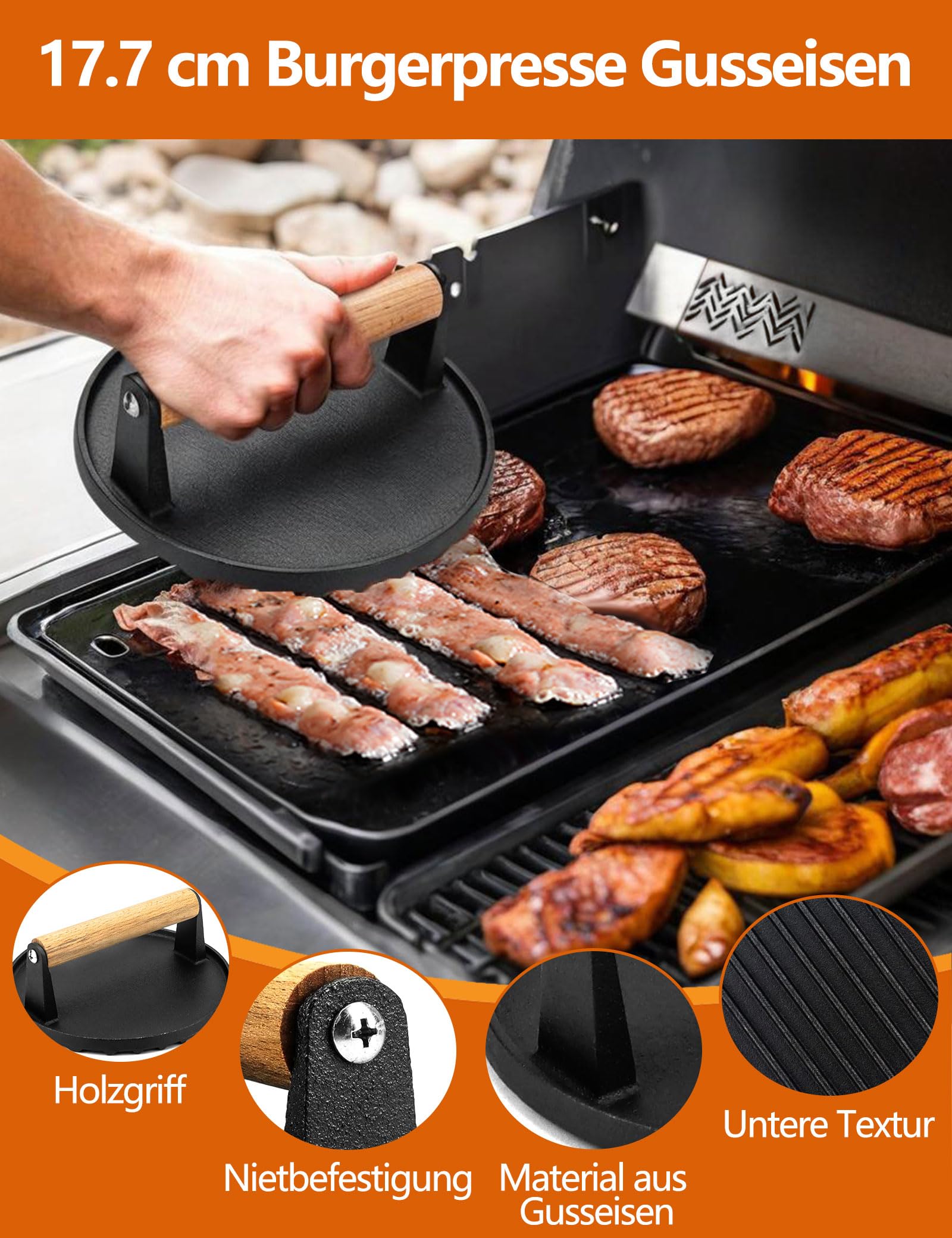 Kit Accessori Barbecue con Grande Pressa Hamburger, Spatola Cucina Acciaio Inox, Spatole per Hamburger, Burger Dome, BBQ Regali per Uomini, Smash Burger Press Set Professionali per Planchas Teppanyaki