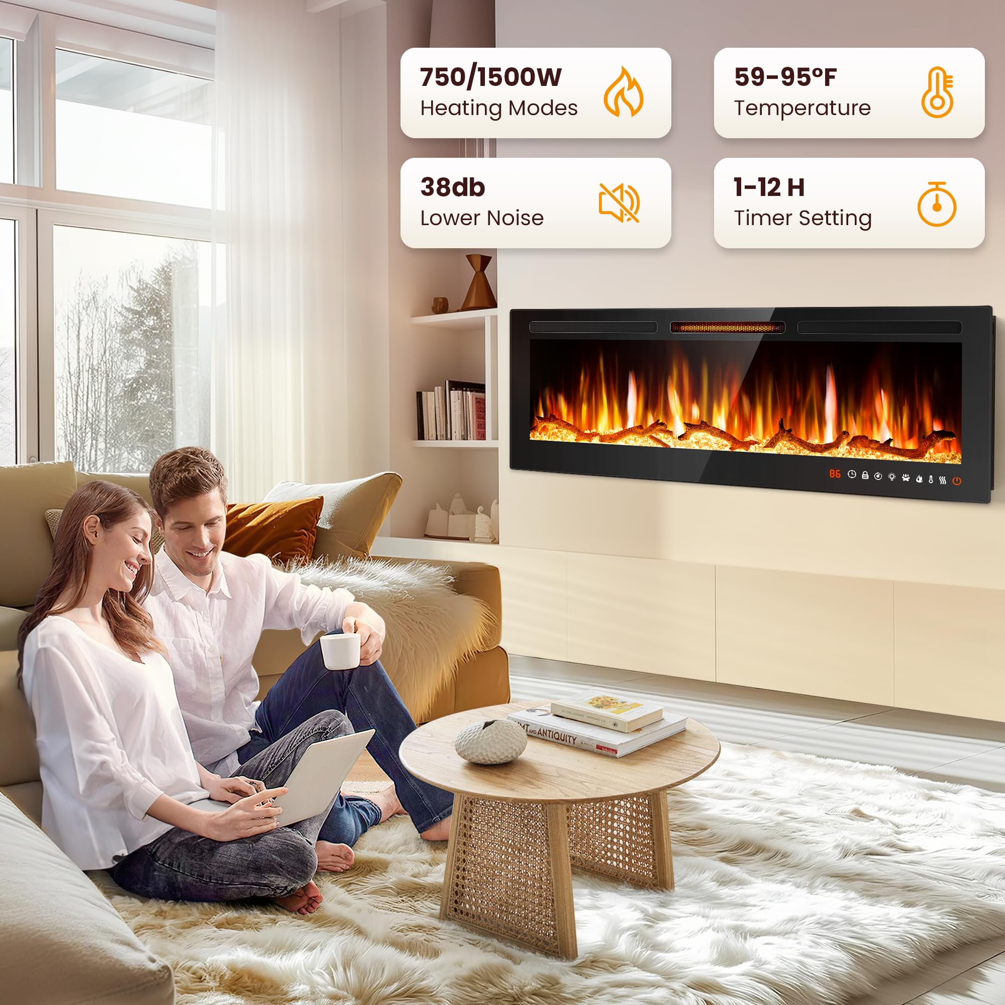 Riseon 50'' Electric Fireplace Heater, Recessed and Wall Mounted Freestanding Linear Fireplace, Ultra-Thin Wall Fireplace with 13 Adjustable Flame Color and 5 Brightness, Remote Control, 1500/750W