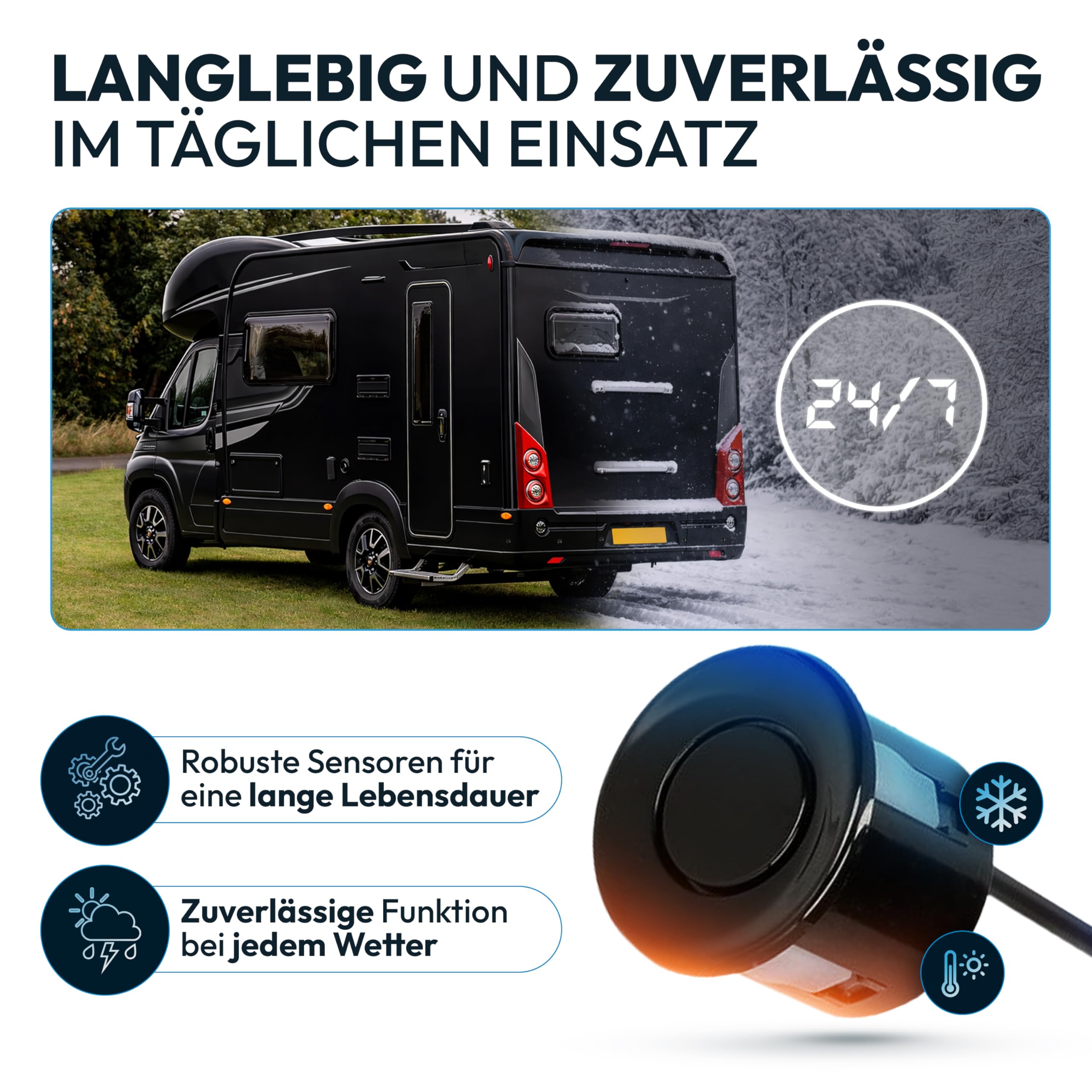 VSG24 Echo Plus Einparkhilfe Set vorne & hinten mit Display & 8 Sensoren – robuste Parkhilfe für Fahrzeuge, Wohnmobil & Transporter – LED-Anzeige & akustischer Warner – bis 12 m – 12V PDC Nachrüstset