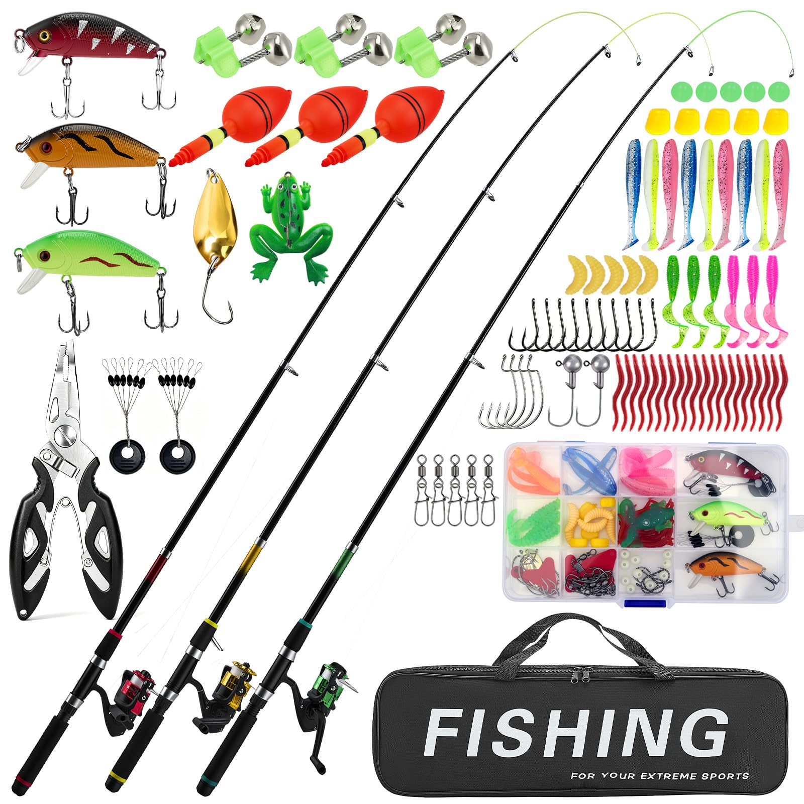 Juego de pesca para niños, 3 unidades de 1,8 m con caña de pescar telescópica de fibra de carbono, carrete giratorio 5.2:1, cebo y bolsa de transporte, juego completo para principiantes para niños y