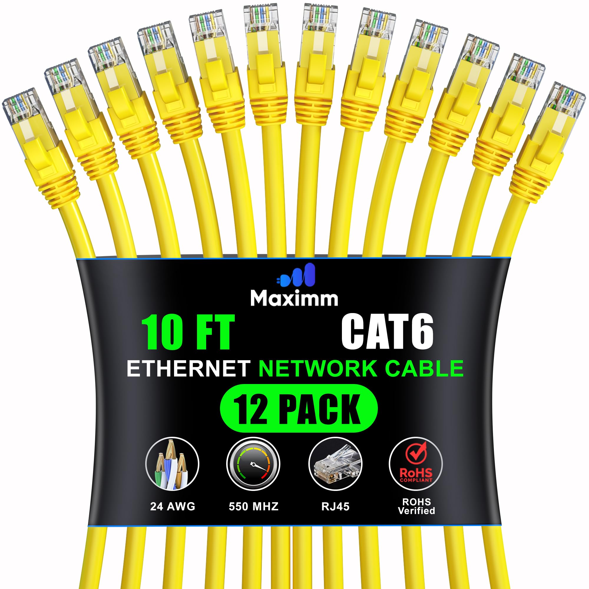 Maximm Cat 6 Ethernet Cable 10 ft (12-Pack) - High-Speed LAN Cable, Internet Cable, Patch Cable, and Network Cable - UTP, 10Gbps, 550MHz Ethernet Cord - Yellow