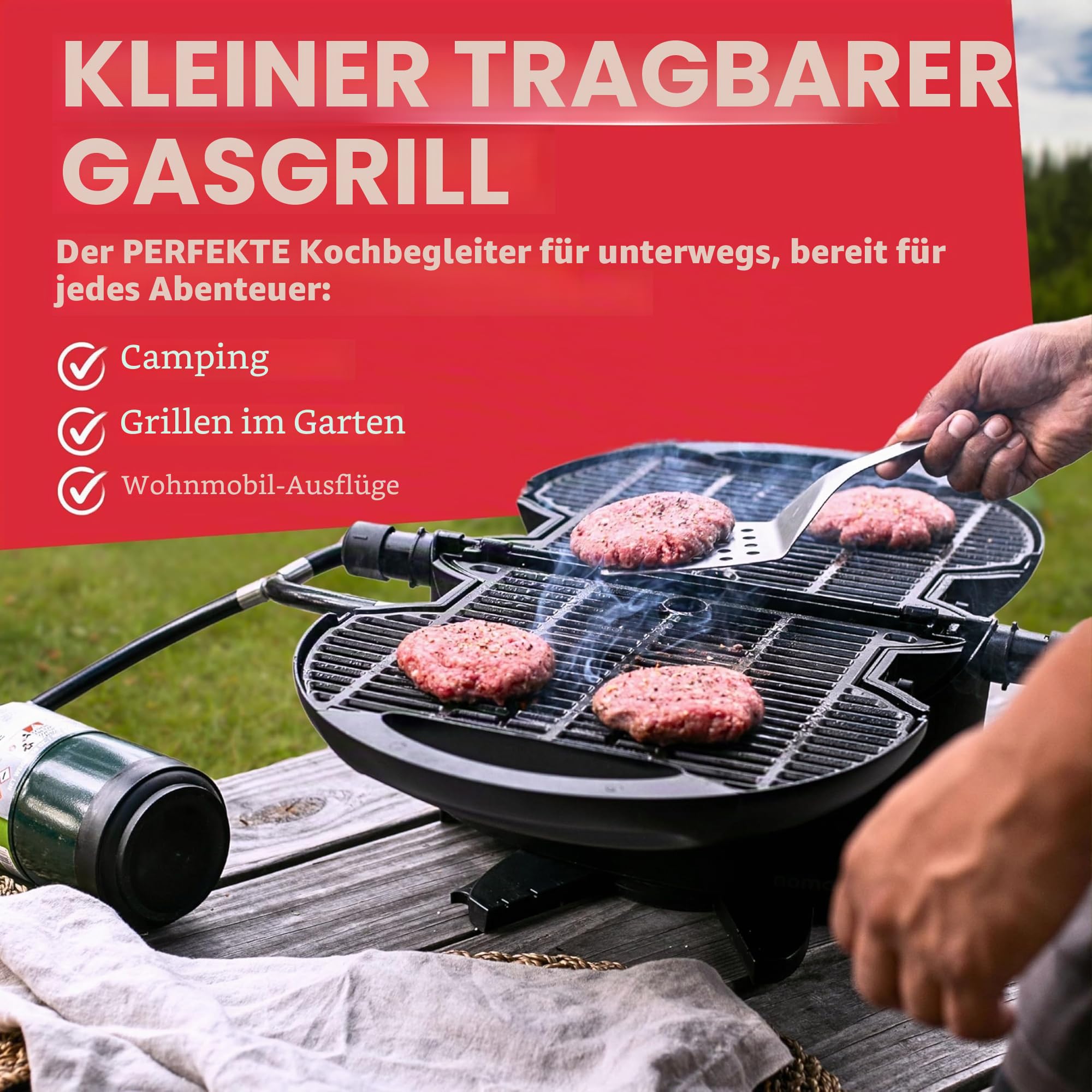 NOMADIQ BBQ Camping | Tischgrill | Compact | 2 Brenner | gasgrill camping | gasgrill balkon Wohnmobil | grillplatte, portable,outdoor, barbecue, outdoor kocher (Schwarz 2.0)