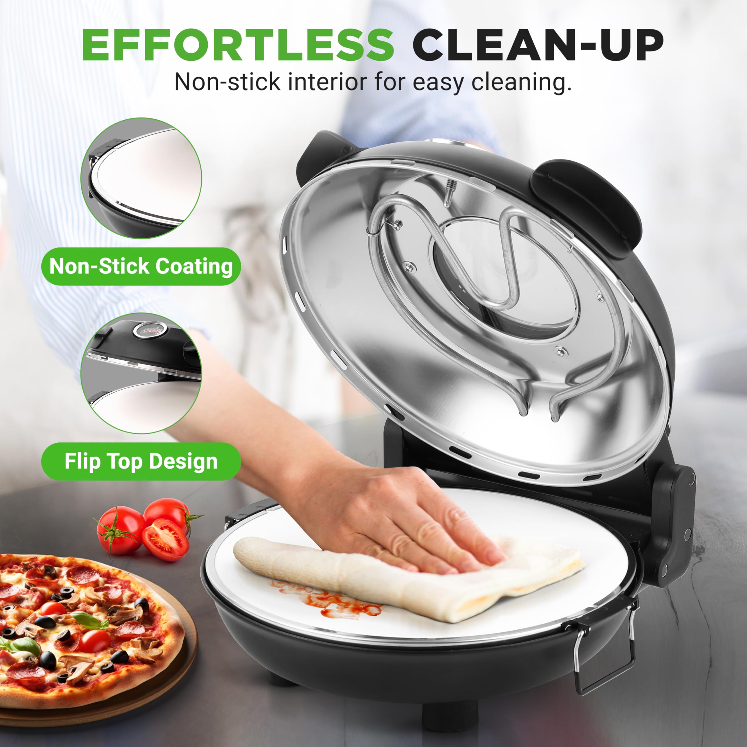 NutriChef Piekarnik elektryczny do pizzy 12” | Maker do pizzy na blat z kontrolą temperatury | Okno pieczenia | Podgrzewa do 800°F | Kamień nieprzywierający, łatwy do czyszczenia | Czarny