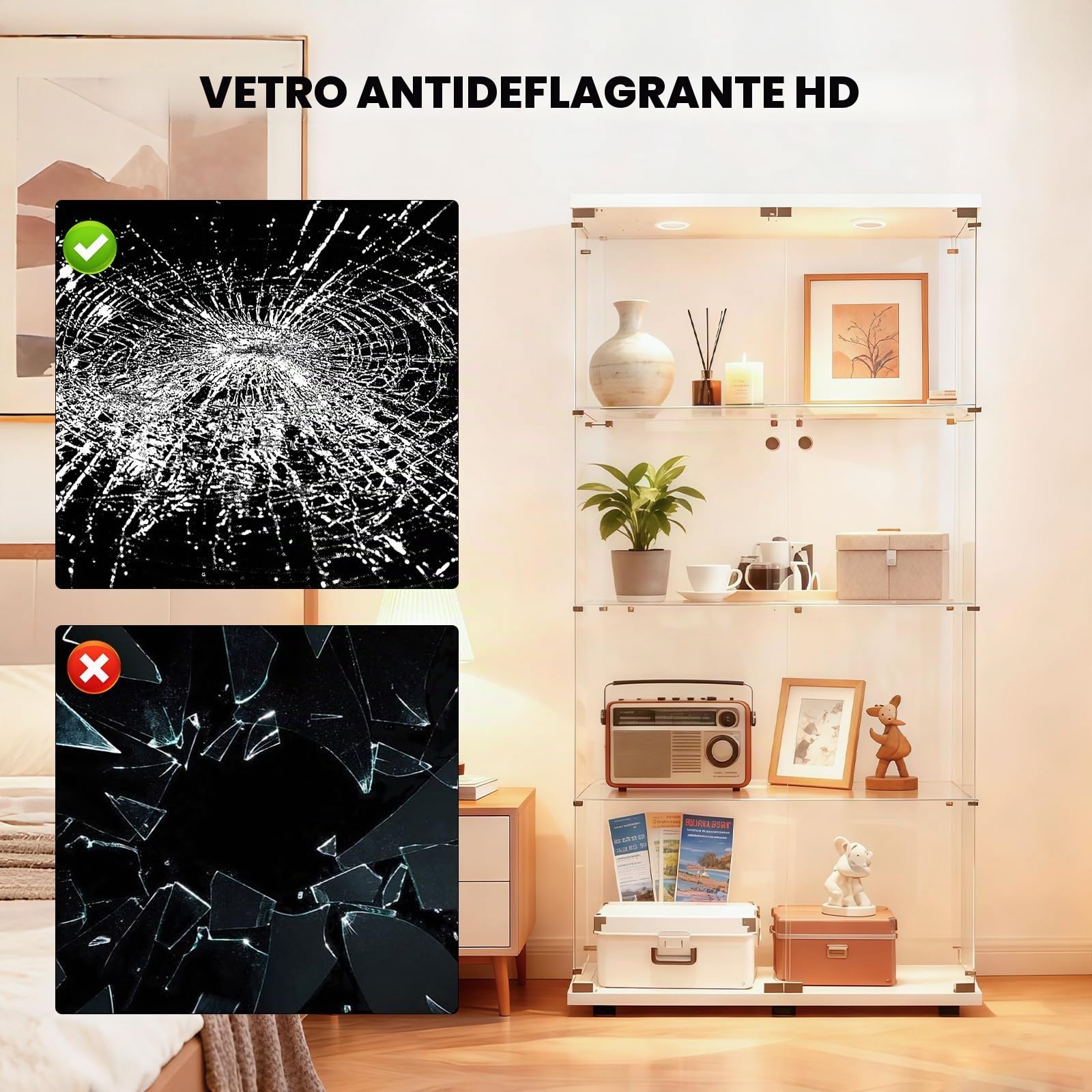 Vetrina in vetro con illuminazione a LED, 80,6 x 36,5 x 164,5 cm, due ante bloccabili, vetrina in vetro con 3 ripiani in vetro, vetrina per soggiorno, camera da letto (bianco)