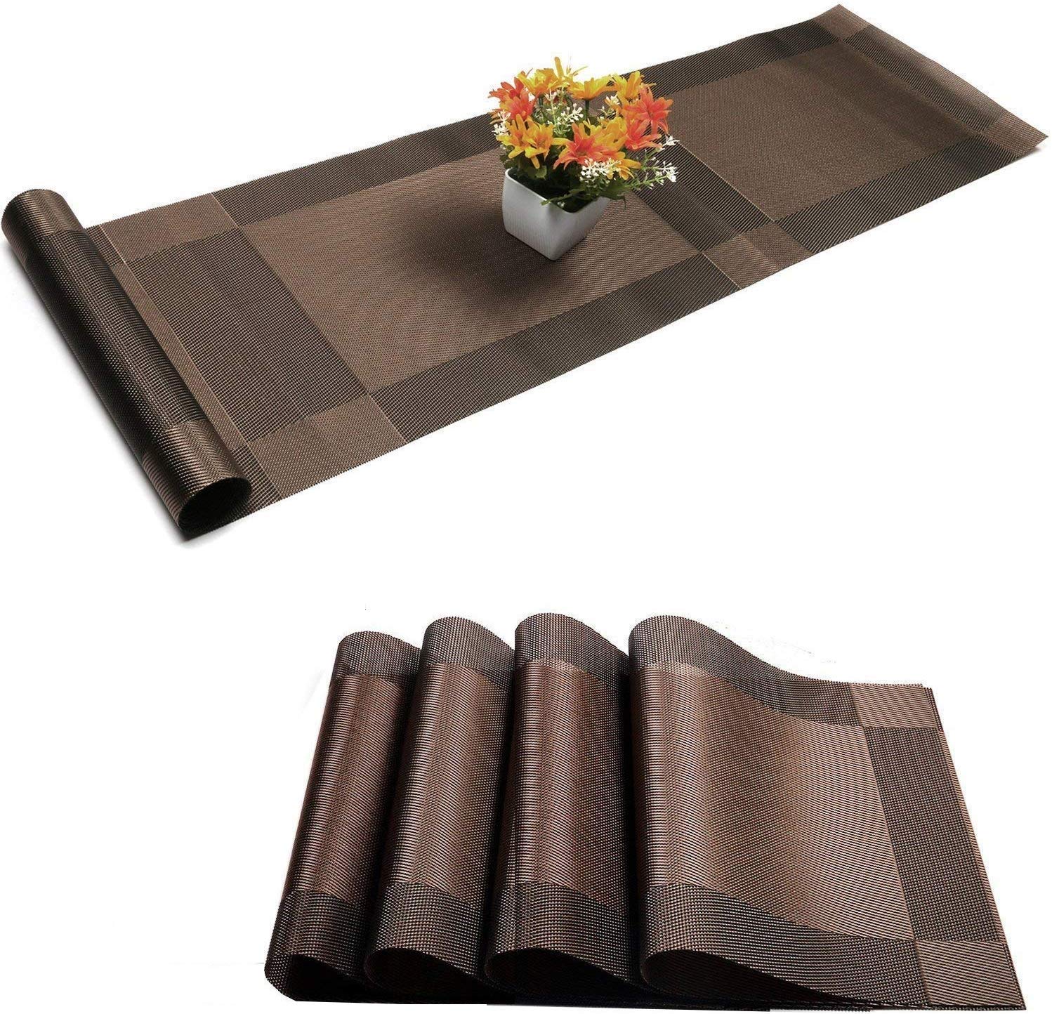 P-Plus International Washable PVC Vinyl Heat Resistant Dinner Table Mats Placement Easy to Wash Cleaning Both Side Usable (Set of 4 + 1 Runner, Brown) (B08XVQLPQ3) Amazon Price History, Amazon Price Tracker