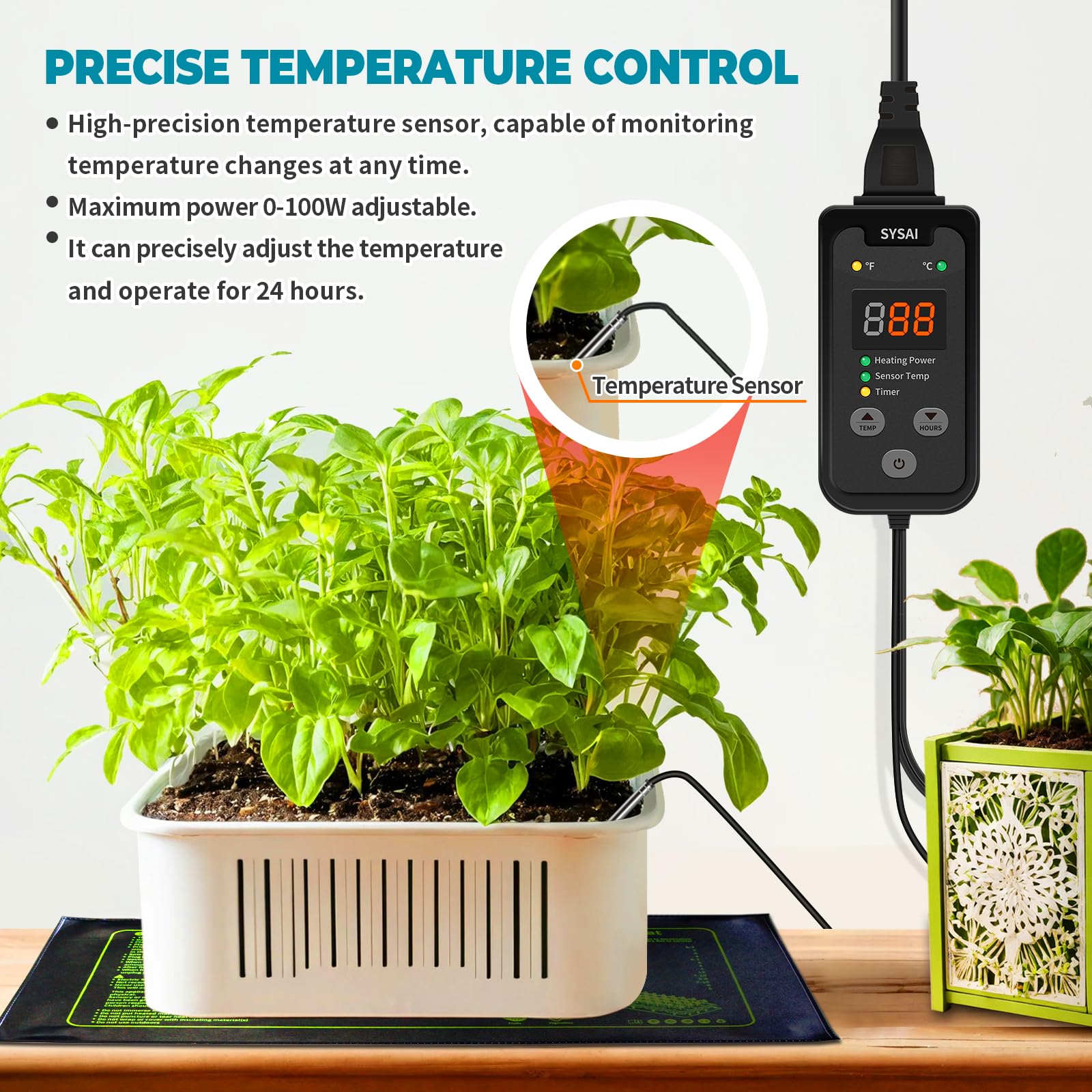 SYSAI Digital Thermostat Controller for Reptile Tank & Heat Mat, Seed Germination, Breeding & Home Brewing, 1A 100W, High Accuracy °F/°C Probe, 60-94°F - image 5