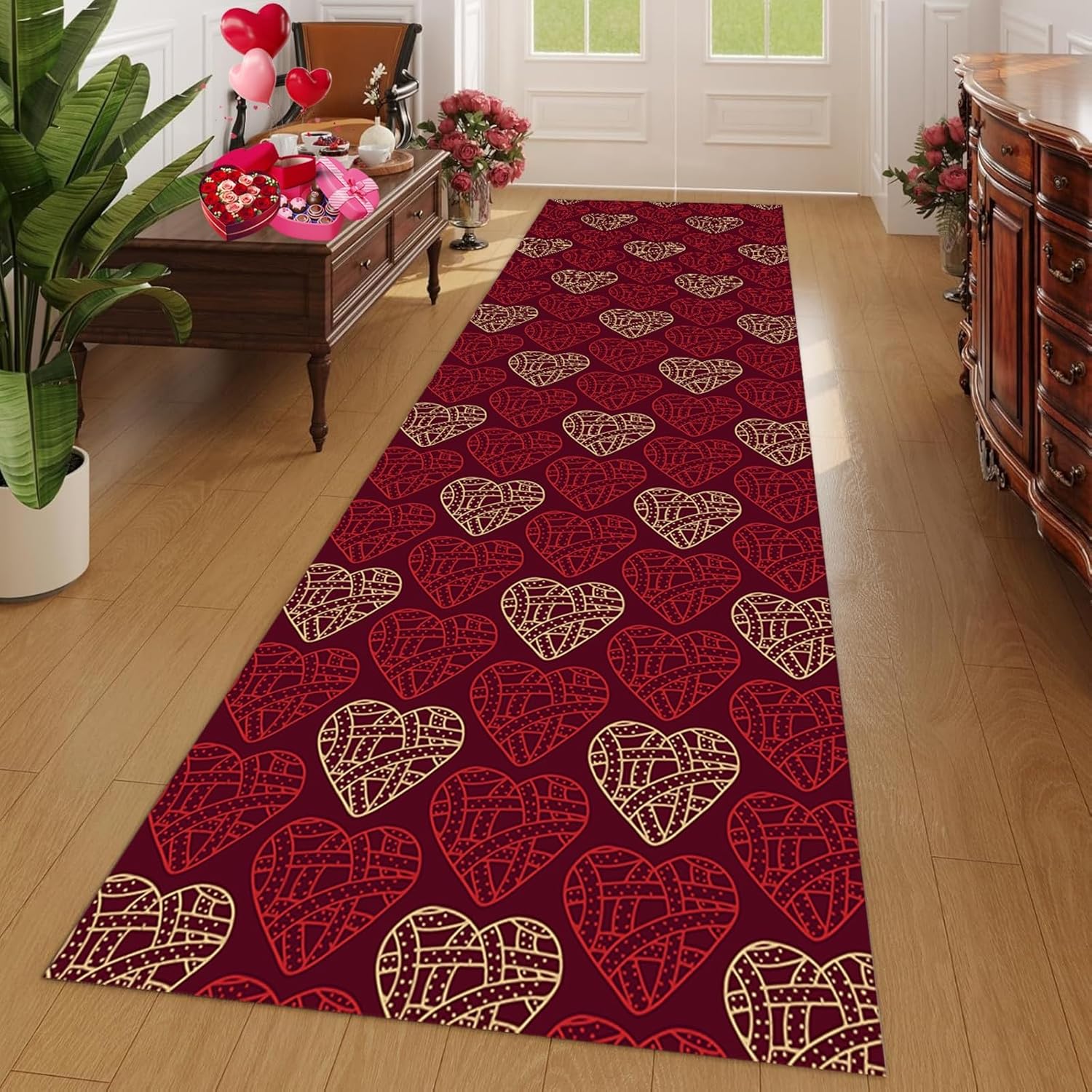 Valentine's Day Heart Hallway 2x7 Runner Rug for Indoor Entryway Washable Doorway Rug,Ultra-Thin with Non-Slip Backing Retro Red Runner Carpet for Bedroom Corridor