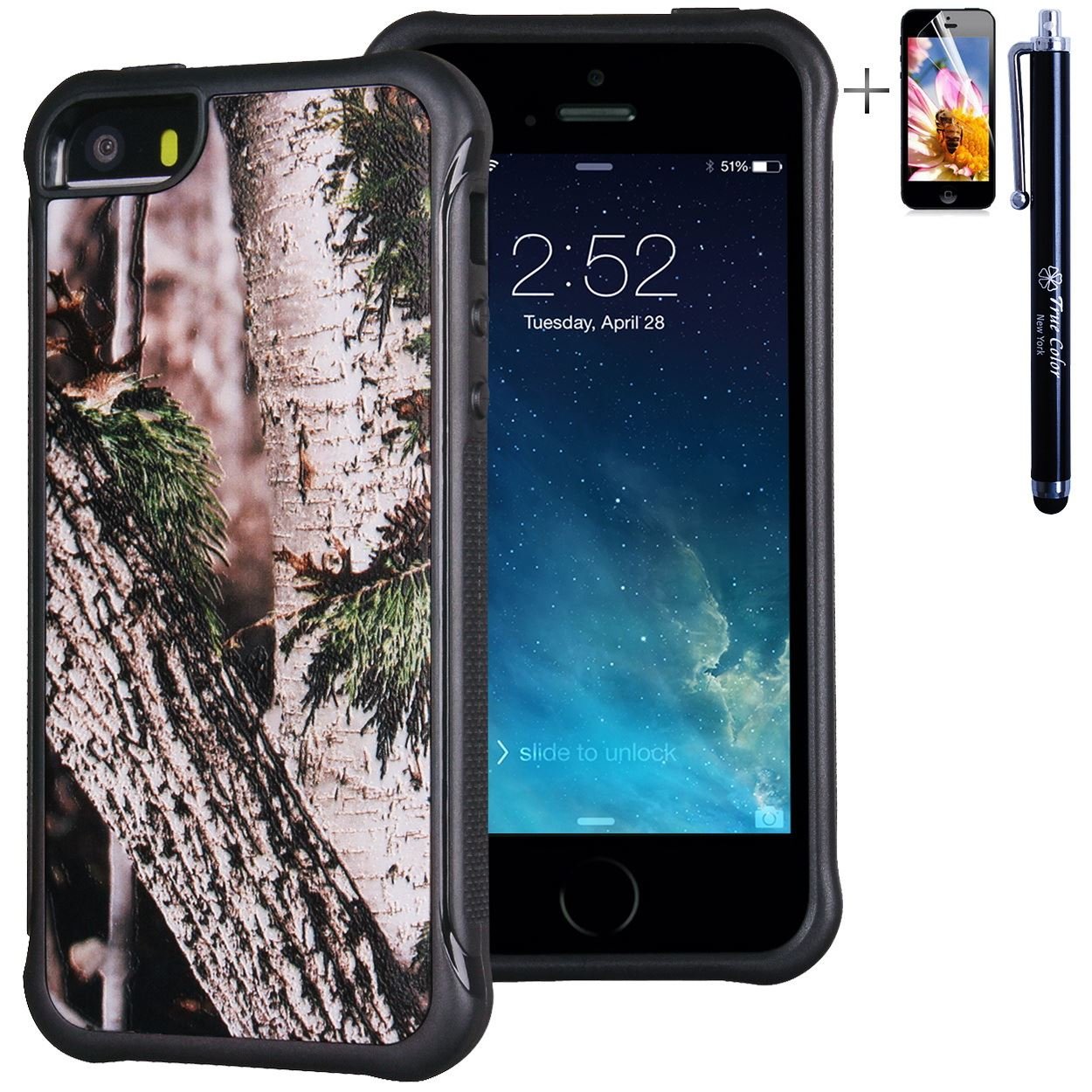 True Color Case Compatible iPhone SE / 5S / 5 Case, Forest Hunter Real HD Tree Camo Emboss Printed TPU Protective Anti-Slip Grip Snap-On Soft Rugged Cover iPhone SE / 5S / 5