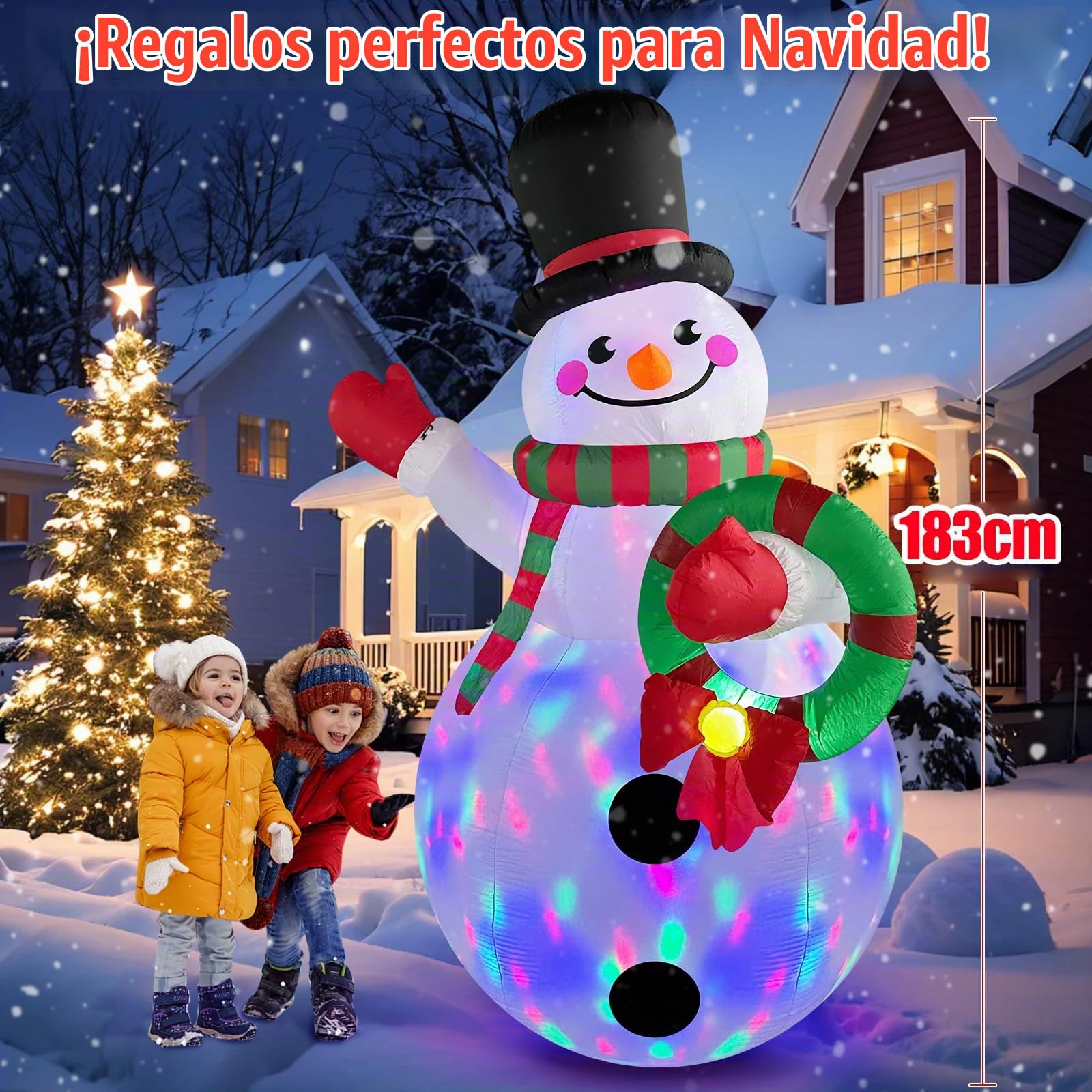 1,83M Muñeco de Nieve Navideño Inflable con Luces LED Giratorias de Colores