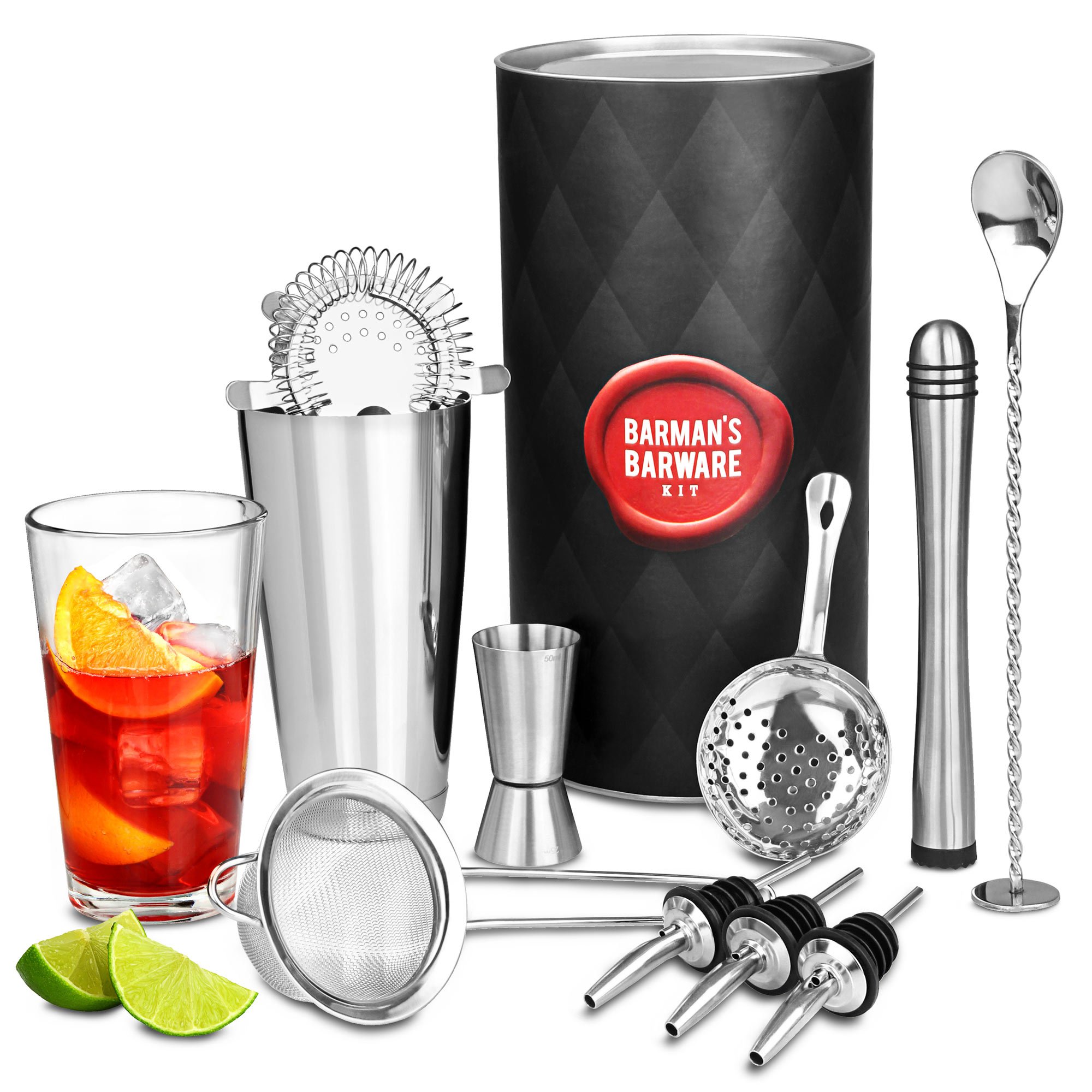 barman's barware kit by bar@drinkstuff | Premium with Boston tin & Glass, Jigger Measure, Muddler, Twisted Mixing Spoon, Pourers, Hawthorne Strainer, Julep Conical Sieve