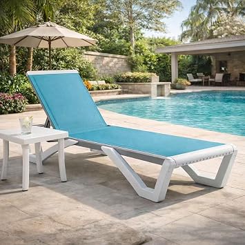 Kozyard Outdoor Chaise Lounge Chair Set Fully Flat Adjustable Patio Lounger | Aluminum Frame, Resin Legs, Textilene Fabric for Poolside, Backyard, Beach, Aqua, Chair + Table