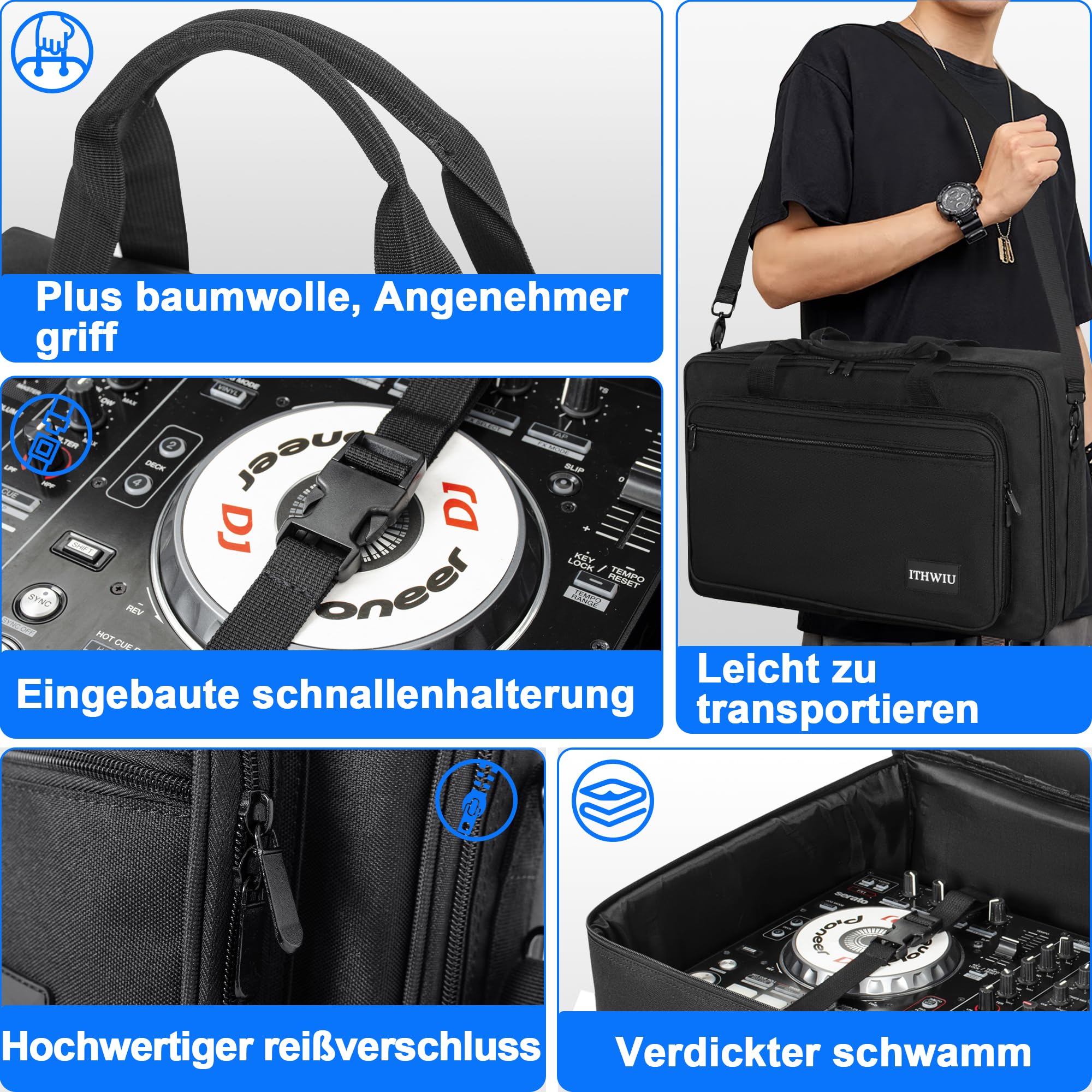OUUTMEE DJ Controller Tragbar Tasche, 52 x 32 x 7 cm,Schutztasche mit Schulterriemen, passend für DDJ FLX4/DDJ SB SB3 400 RB/DJ Control Inpulse 300,Gepolsterte,Schwarz