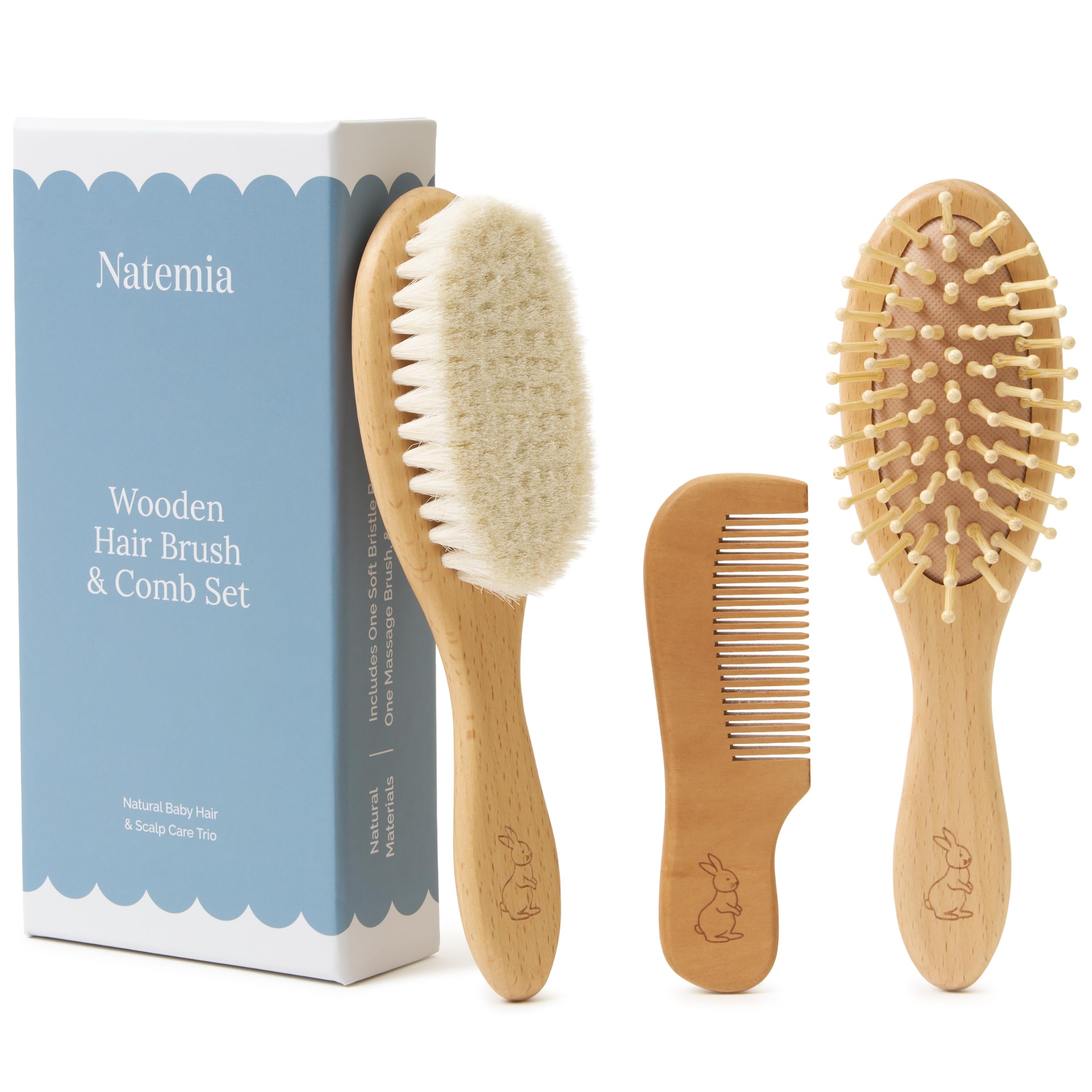 Natemia Wooden Baby Hair Brush & Comb Set - Natural Goat Hair Bristles & Soft Bristle Brush - Gentle Scalp Massage & Cradle Cap Comb - For Newborns & Toddlers, Baby Grooming Kit