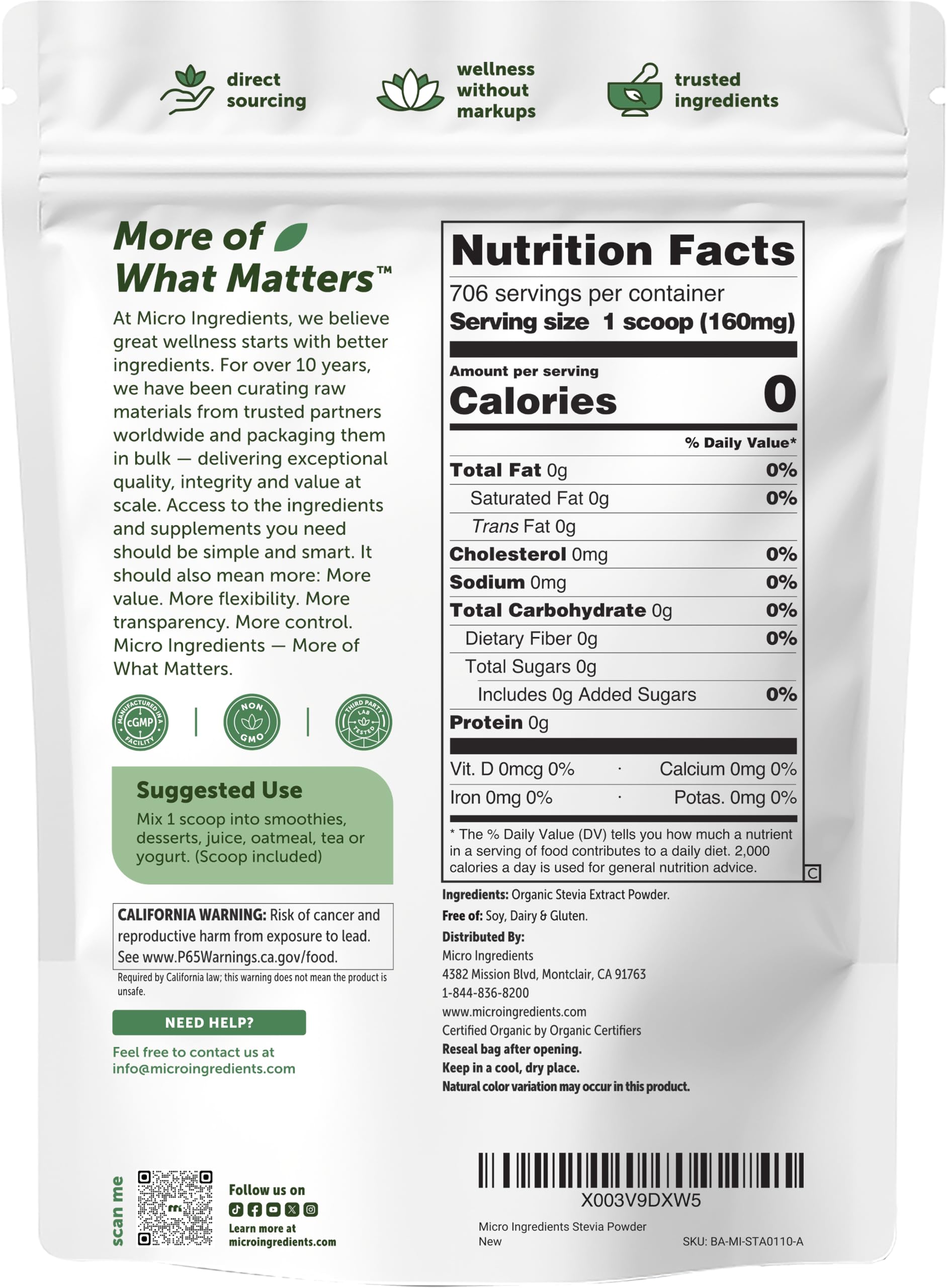 Micro Ingredients Pure Organic Stevia Extract Powder, 4 oz, No Additives — Amazon image 2