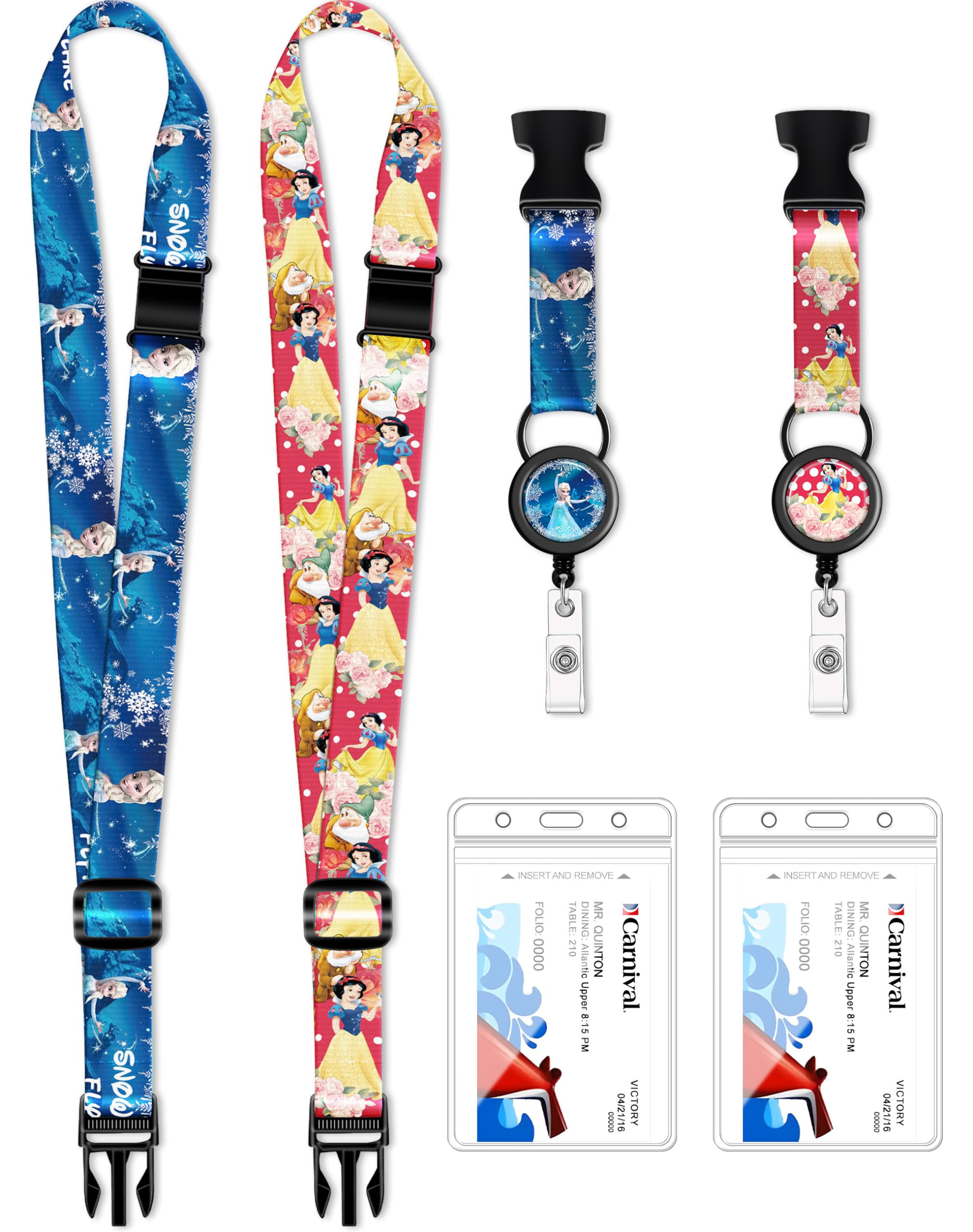 AkkyaCruise Lanyard for Ship Cards with Retractable Reel Waterproof ID Card 2 Pack Cute Cartoon Princesses Travel Lanyard Essentials Accessories Presents for Cruise Lovers