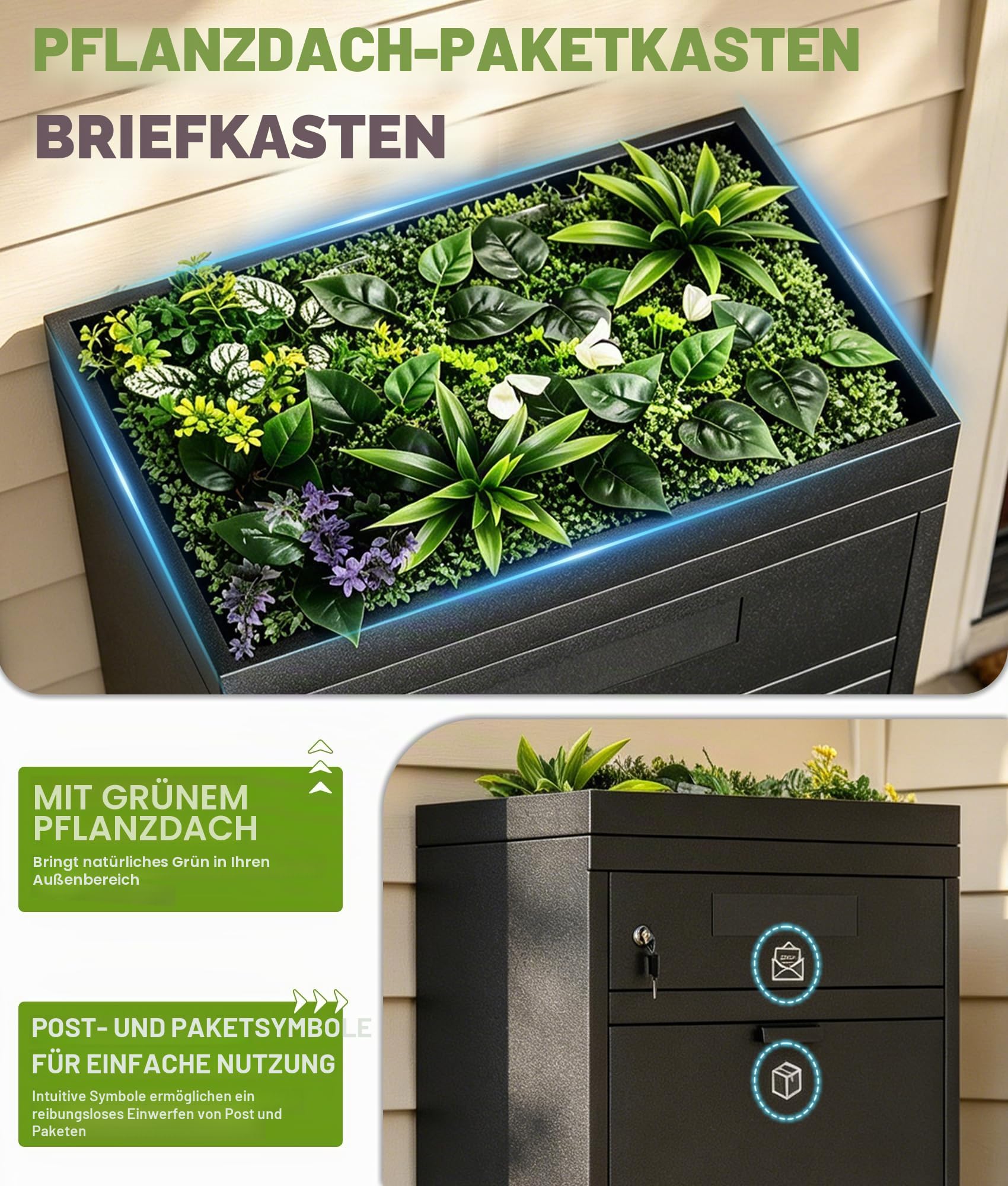 Briefkasten Paketbox mit Pflanzdach, Paketbriefkasten mit Zahlenschloss, Automobilstahl Pulverbeschichteter Paketbox, Paketbriefkasten mit Wasserdichter & Debstahlsicherer Funktion (60 x 45 x 115cm)