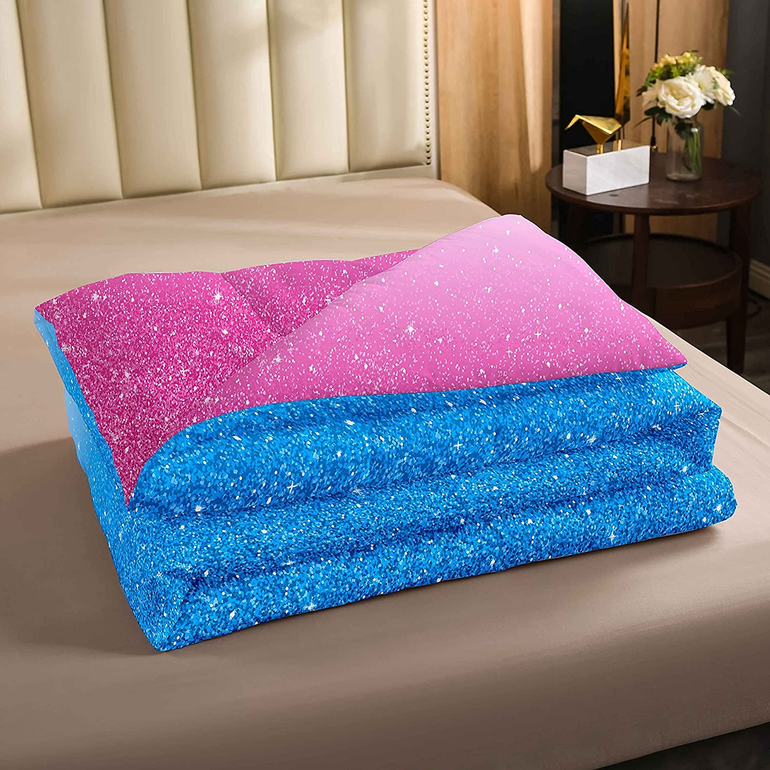 Zestaw pościeli z pastelowym brokatem podwójny rozmiar dziewczęcy czerwony i różowy nadruk gradient zestaw pościeli zawiera 1 kołdrę + 2 poszewki na poduszki (niebieski różowy, podwójny)