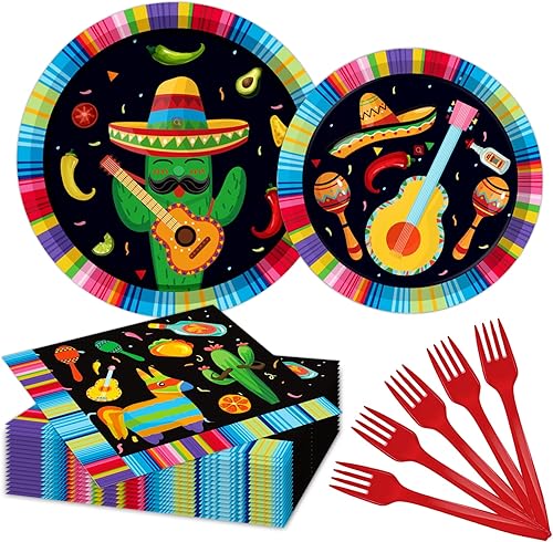 Juego de vajilla para fiesta de cumpleaños mexicana sirve para 24 platos de papel desechables de 7 pulgadas, platos de papel de 9 pulgadas,