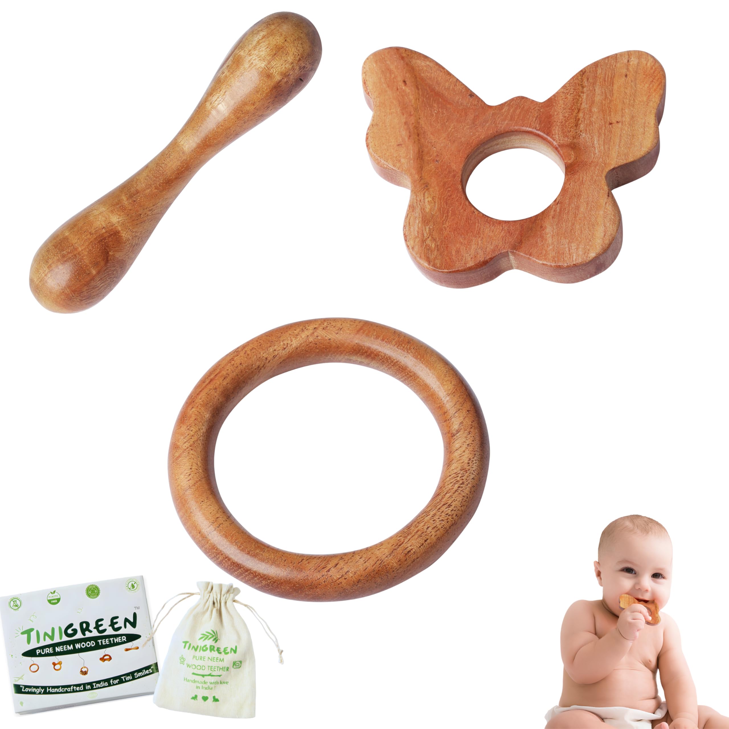 TINIGREEN Butterfly Ring Dumbbell Shaped Organic Neem Wood Teether Combo for Baby (Pack of 3)-image-19