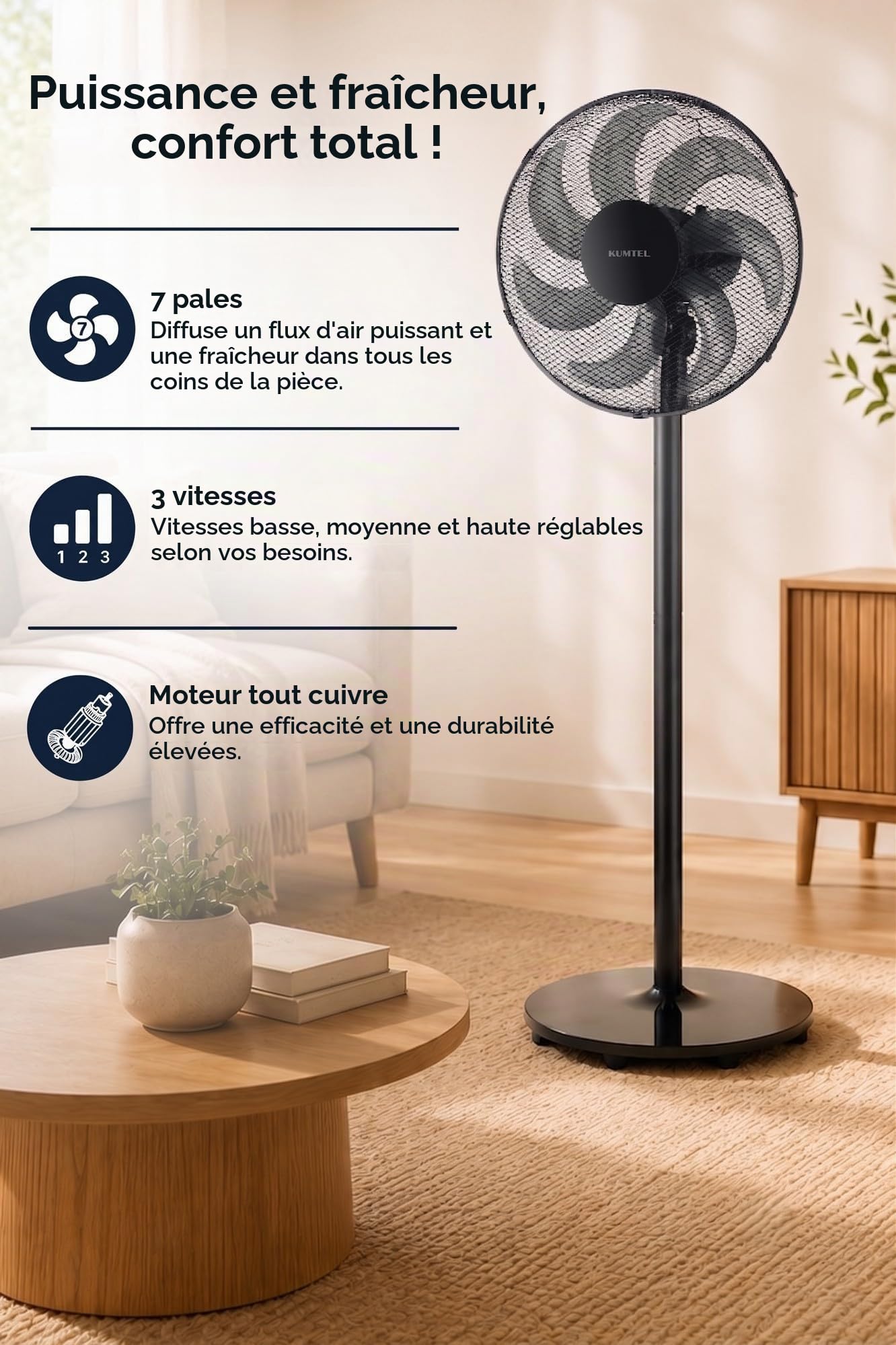 Opviq Kumtel Ventilateur Puissant Noir 50W 130cm Réglable en Hauteur 7 Pales 3 Vitesses Silencieux Moteur en Cuivre Efficace
