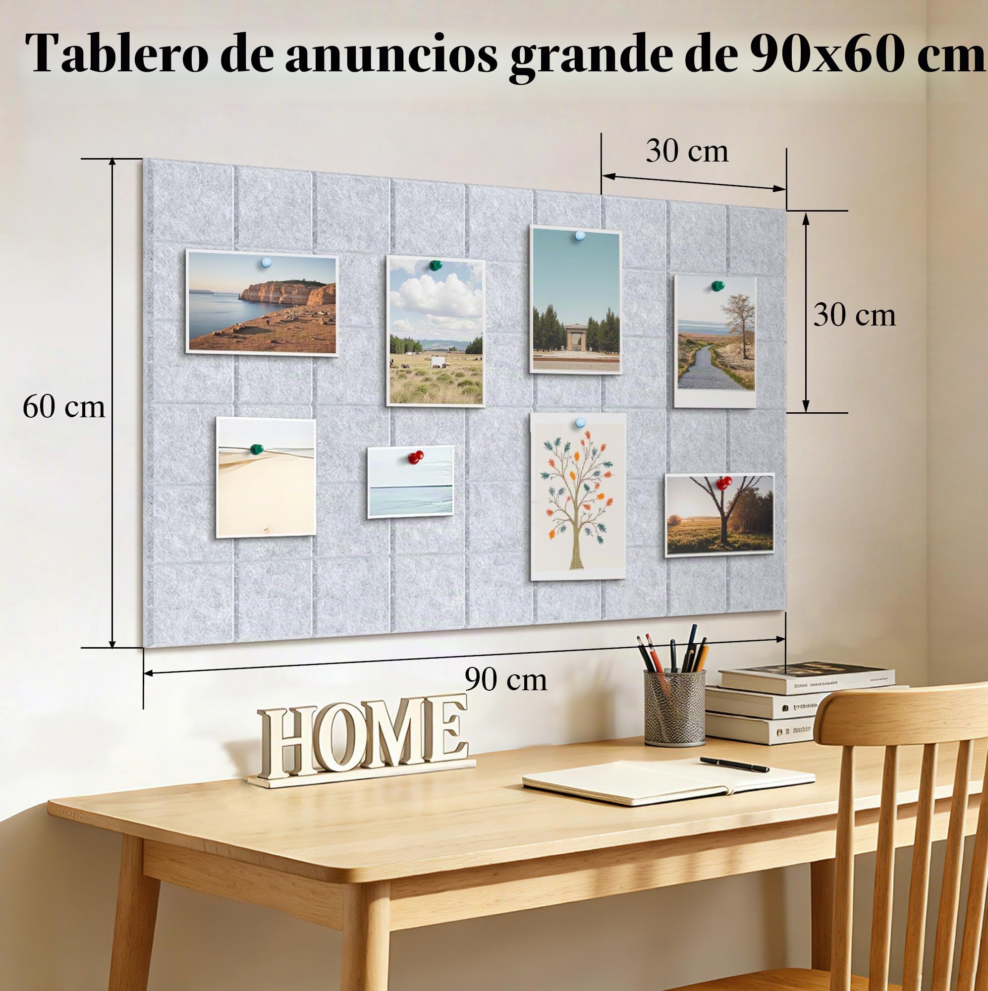 Gran Corcho Pared Autoadhesivo 30x30 cm - 6 Piezas Tablero de Corcho Fieltro para Oficina Casa - Tablón de Anuncios con 30 Chinchetas para Fotos Notas