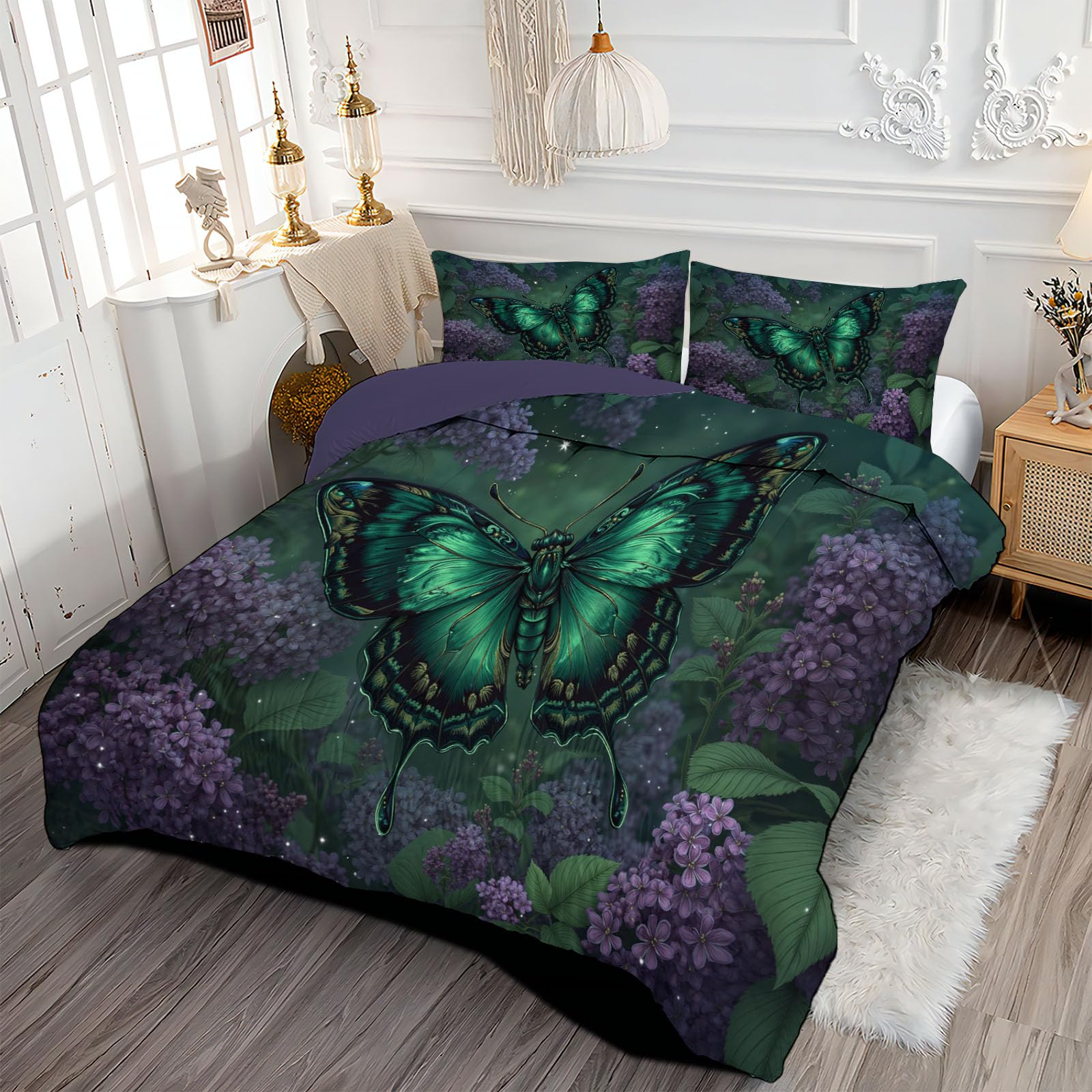 Trapunta Letto Singolo 4 Stagioni Piumone per Bambini, Acquerello Lilla Leggero Farfalle Fiori Set di Biancheria da Letto 140x200cm con 1 Federe,Piumino Lavabile In Lavatrice