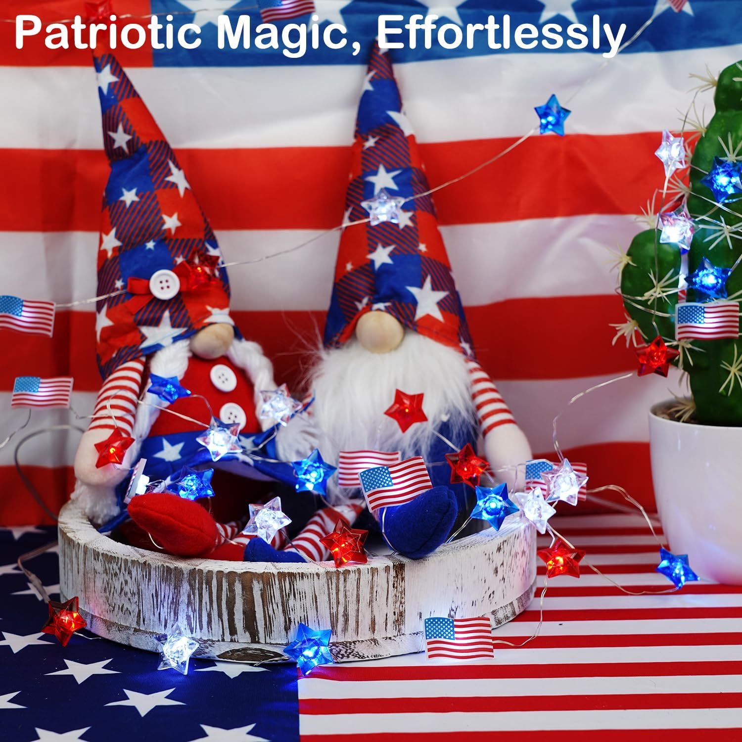 BOHON 4th of July Decorations Battery Operated String Lights 13 ft 40 LEDs | Red White and Blue Star American Flag Lights for Home Patriotic Memorial Independence Day Fourth of July Decor with Timer