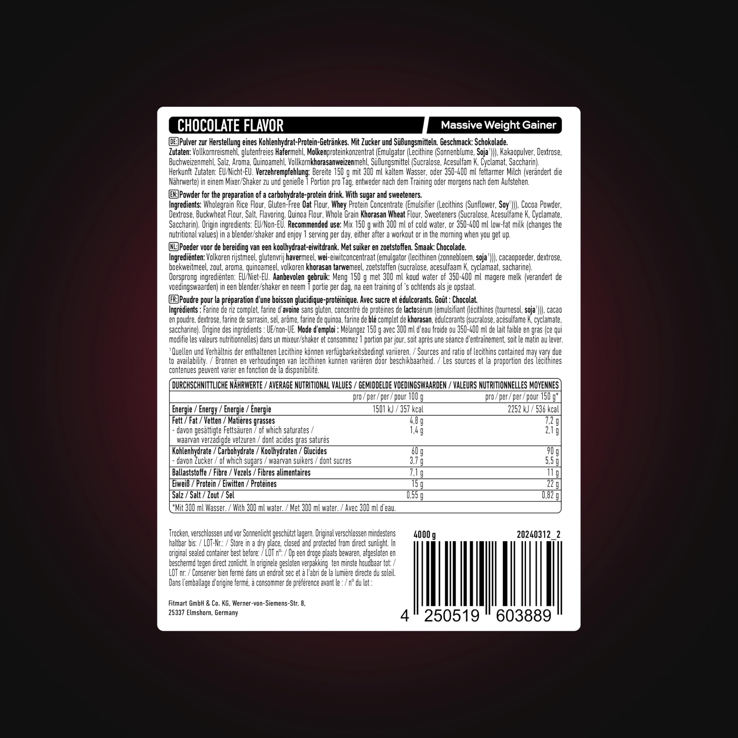 ESN Massive Weight Gainer, Chocolate Cream, 4 kg, ideal für die Massephase, bis zu 536 kcal pro Portion, Pulver zum Masseaufbau und Zunehmen - made in Germany