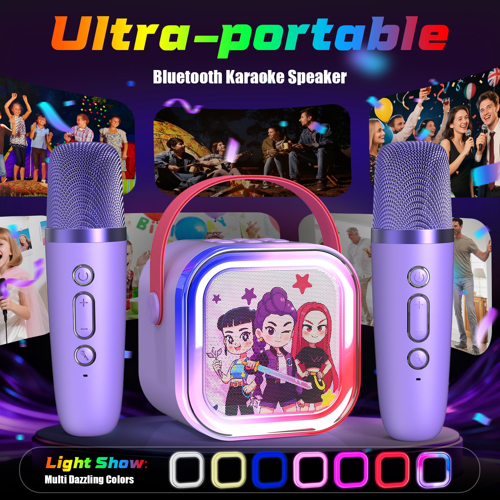 Mini macchina per karaoke per bambini dai 3 ai 12 anni: altoparlante Bluetooth portatile con 2 microfoni wireless, spettacolo di luci a LED per bambini da 3 4 5 6 7 8 9 10 anni giocattoli regali di