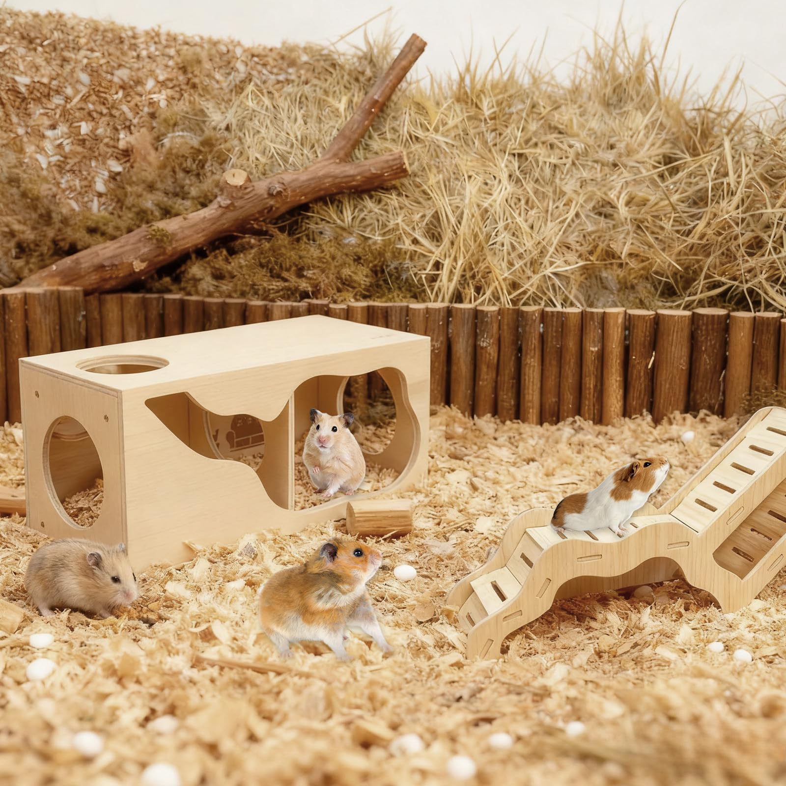 Hamsterversteck & Tunnel Set, 2-teiliges Holzhaus mit Kletterleiter, Erkundungsröhren & Beobachtungsschuppen für Syrische Hamster, Zwerghamster, Mäuse, Rennmäuse, Ratten und andere Kleintiere