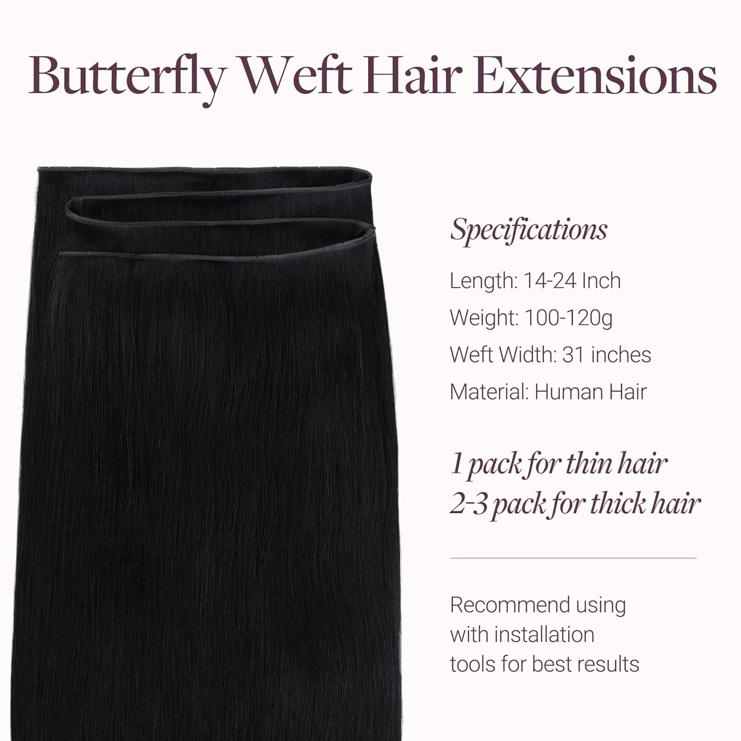 GOO GOO Butterfly Weft Hair Extensions Human Hair, Invisible Double Genius Weft, 1 Jet Black 20 Inch 120g, Flat No Bulk Easy Install at Home for Women