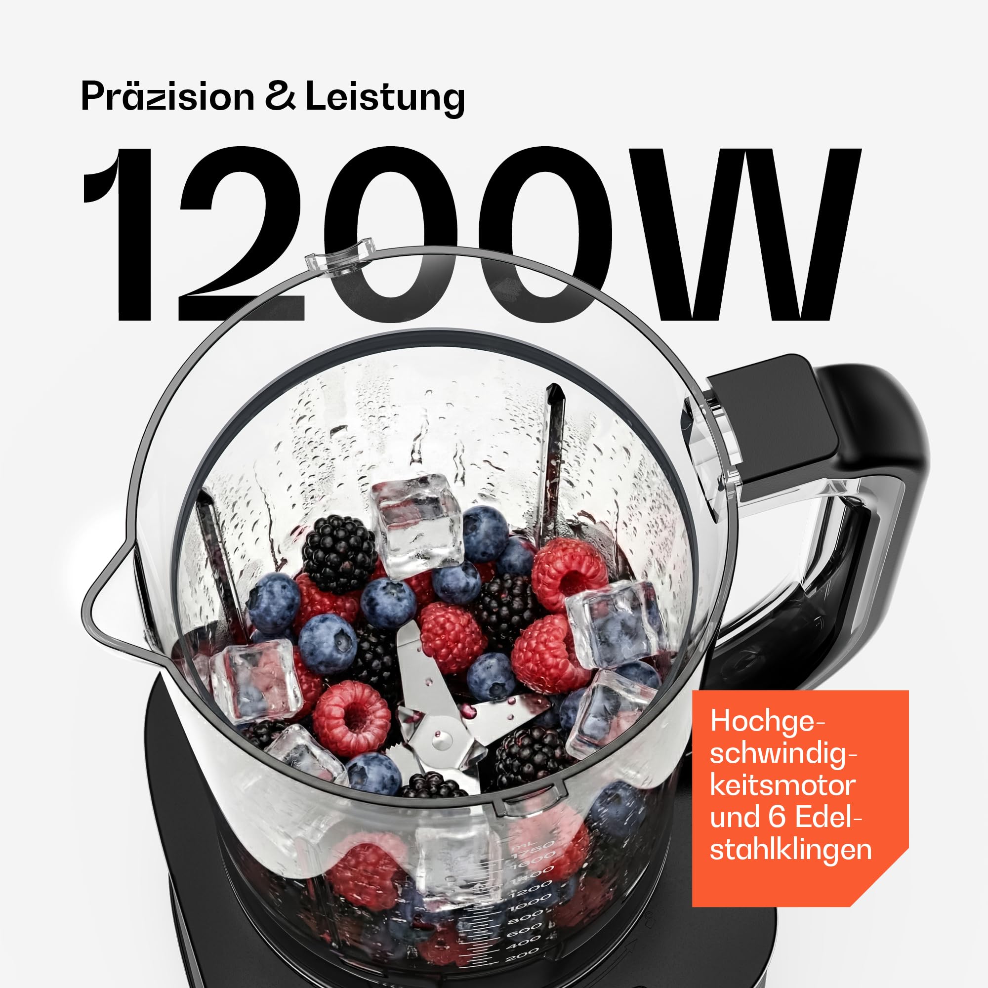 Klarstein Verosteel Küchenmaschine mit Mixer – 1200 W Multifunktions-Küchenmaschine, 2-Liter-Schüssel, 1,75-Liter-Mixer, 10 Geschwindigkeiten, 6 Programme, Entsafter & Fleischwolf